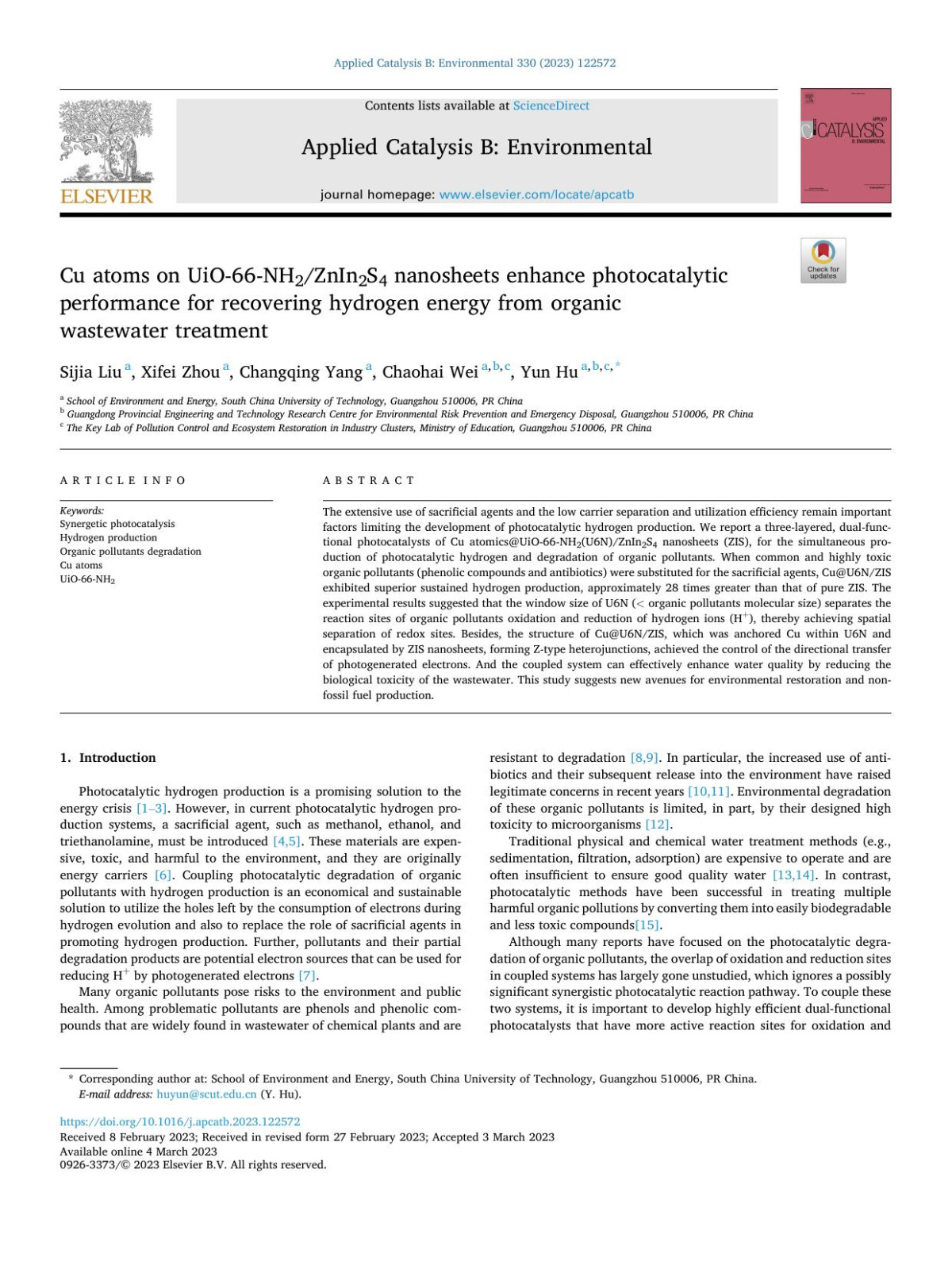 Cu Atoms On Uio66nh2znin2s4 Nanosheets Enhance Photocatalytic Performance For Recovering Hydrogen Energy From Organic Wastewater Treatment Sijia Liu