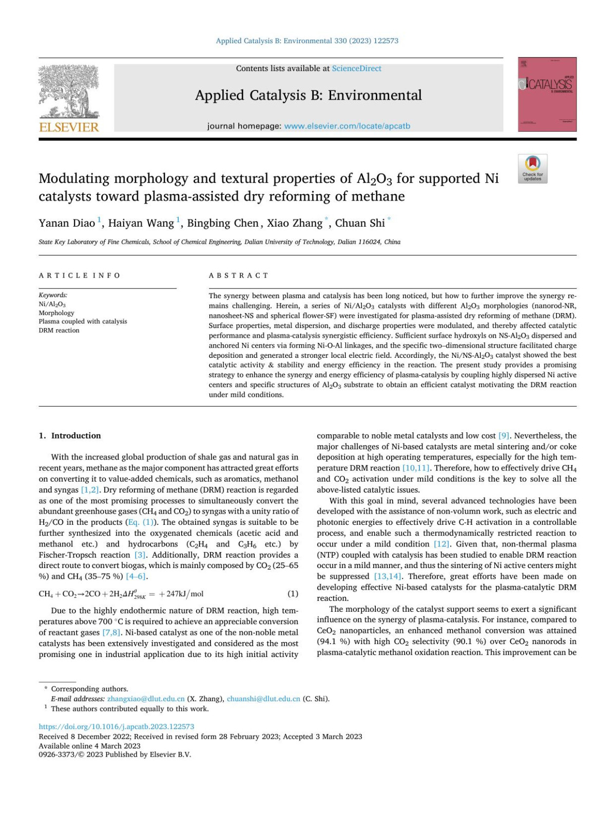 Modulating Morphology And Textural Properties Of Al2o3 For Supported Ni Catalysts Toward Plasmaassisted Dry Reforming Of Methane Yanan Diao