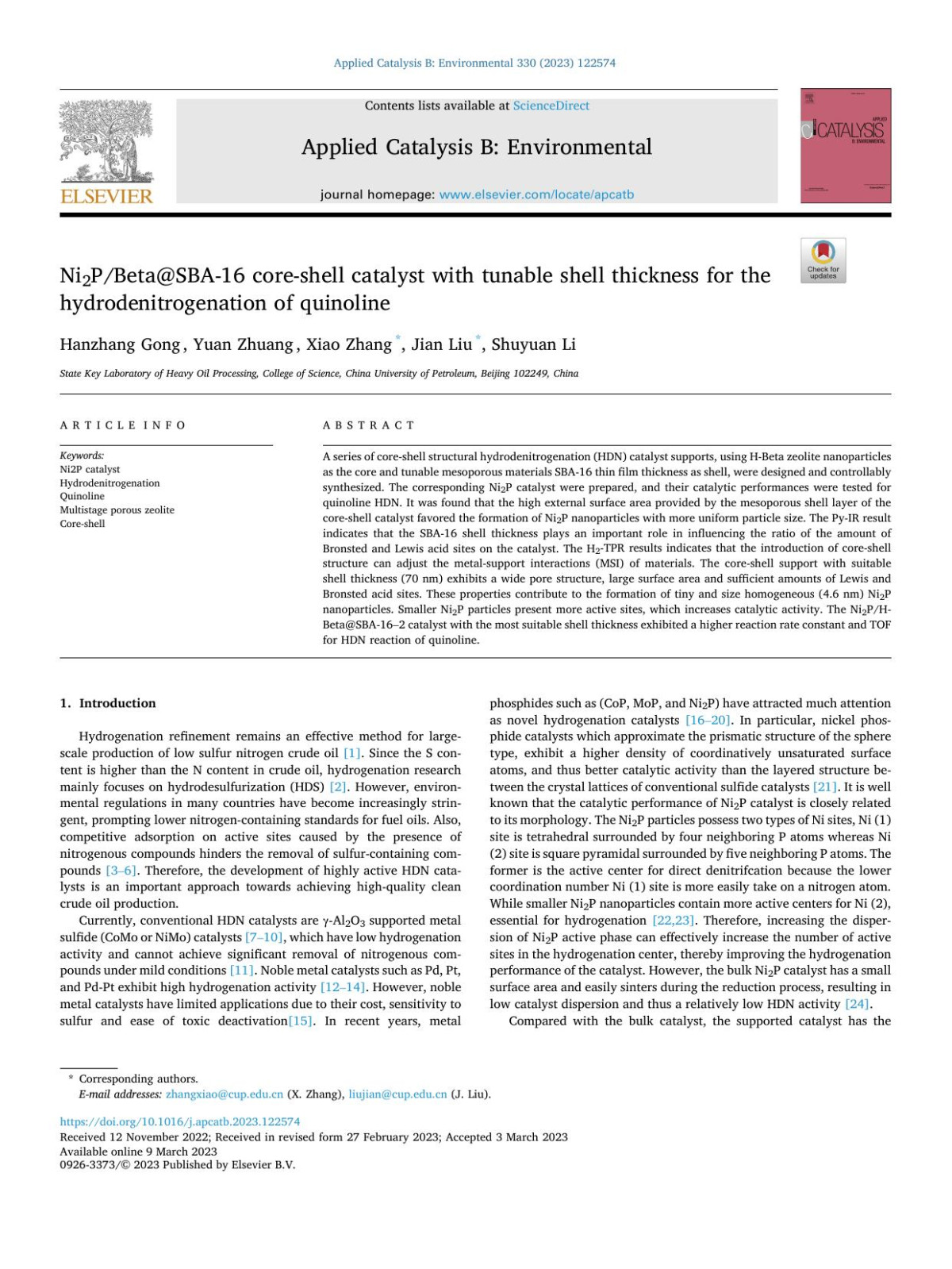 Ni2pbetasba16 Coreshell Catalyst With Tunable Shell Thickness For The Hydrodenitrogenation Of Quinoline Hanzhang Gong