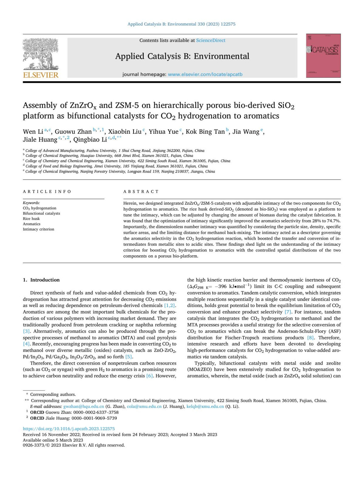 Assembly Of Znzrox And Zsm5 On Hierarchically Porous Bioderived Sio2 Platform As Bifunctional Catalysts For Co2 Hydrogenation To Aromatics Wen Li