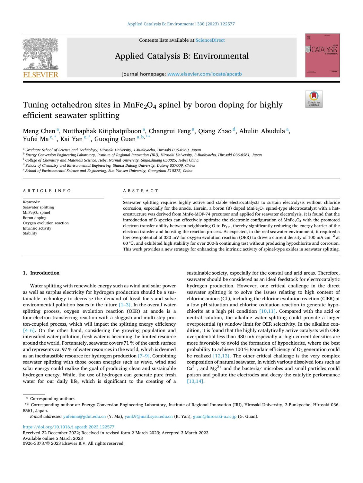 Tuning Octahedron Sites In Mnfe2o4 Spinel By Boron Doping For Highly Efficient Seawater Splitting Meng Chen
