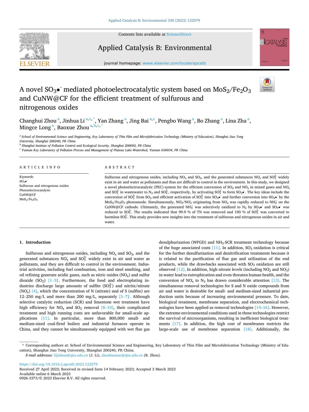 A Novel So3 Mediated Photoelectrocatalytic System Based On Mos2fe2o3 And Cunwcf For The Efficient Treatment Of Sulfurous And Nitrogenous Oxides Changhui Zhou