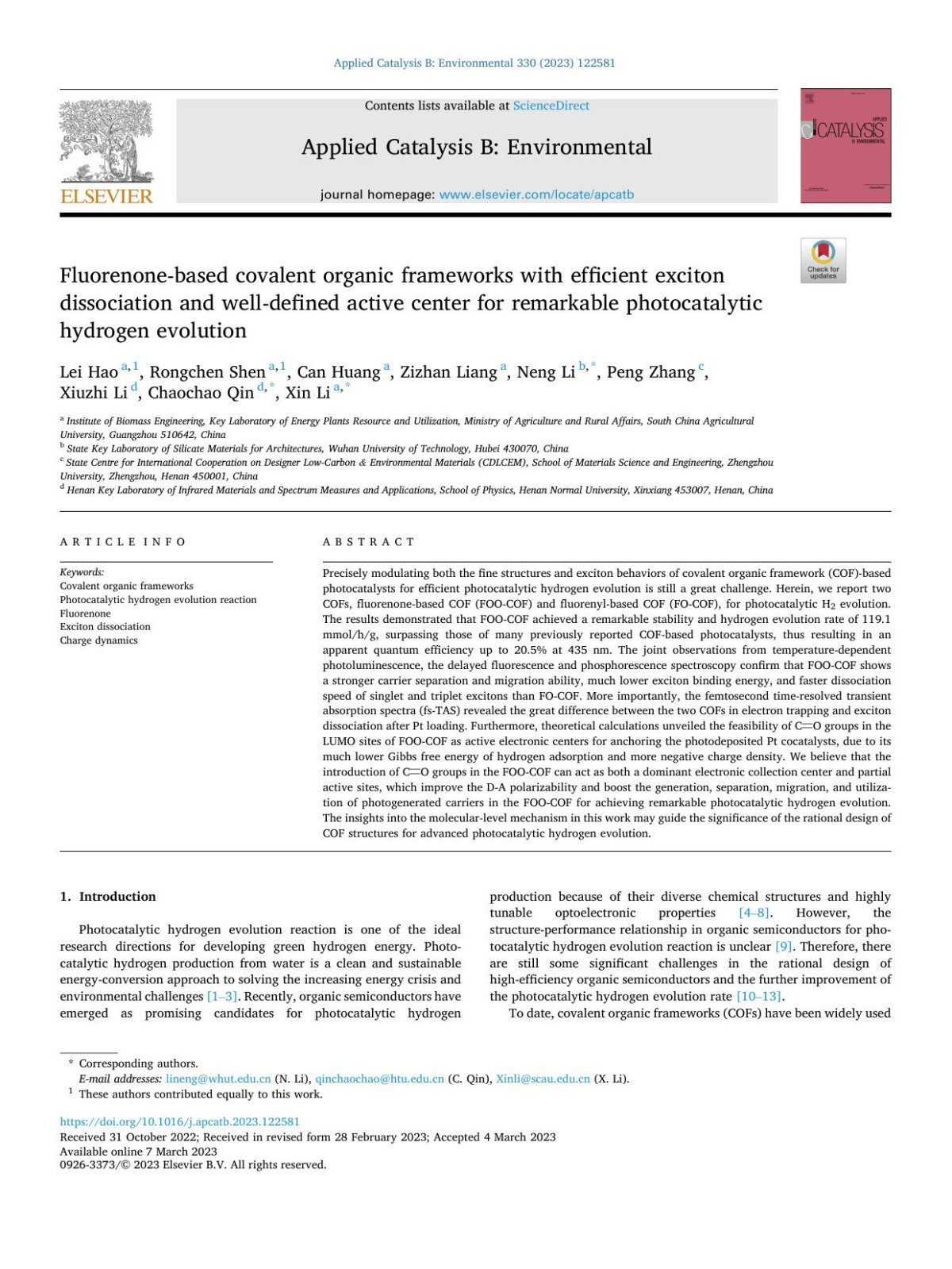 Fluorenonebased Covalent Organic Frameworks With Efficient Exciton Dissociation And Welldefined Active Center For Remarkable Photocatalytic Hydrogen Evolution Lei Hao