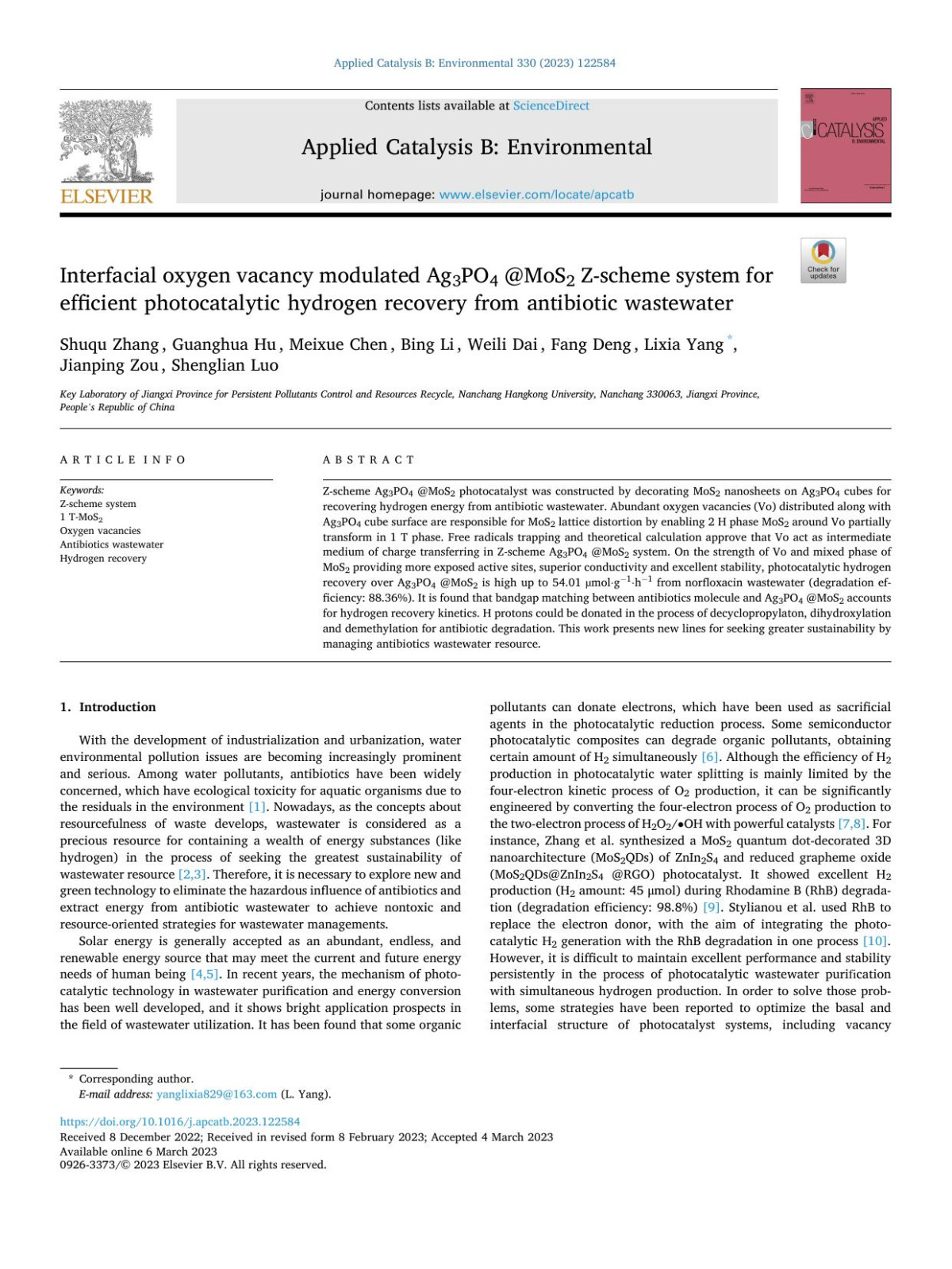 Interfacial Oxygen Vacancy Modulated Ag3po4 Mos2 Zscheme System For Efficient Photocatalytic Hydrogen Recovery From Antibiotic Wastewater Shuqu Zhang