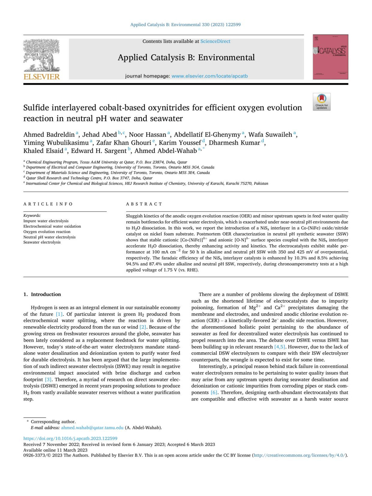 Sulfide Interlayered Cobaltbased Oxynitrides For Efficient Oxygen Evolution Reaction In Neutral Ph Water And Seawater Ahmed Badreldin