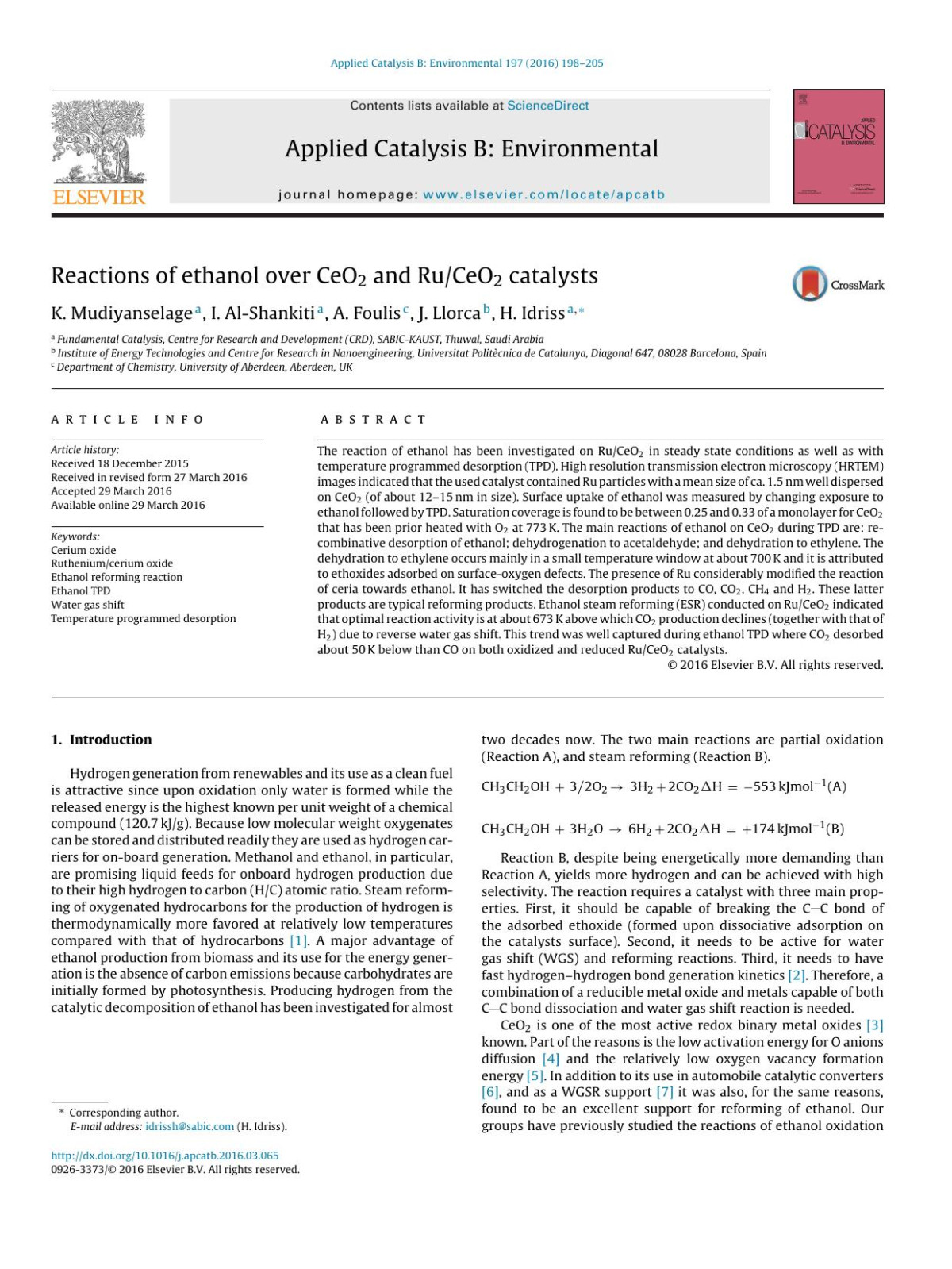 Reactions Of Ethanol Over Ceo2 And Ruceo2 Catalysts K Mudiyanselage I Alshankiti A Foulis J Llorca H Idriss