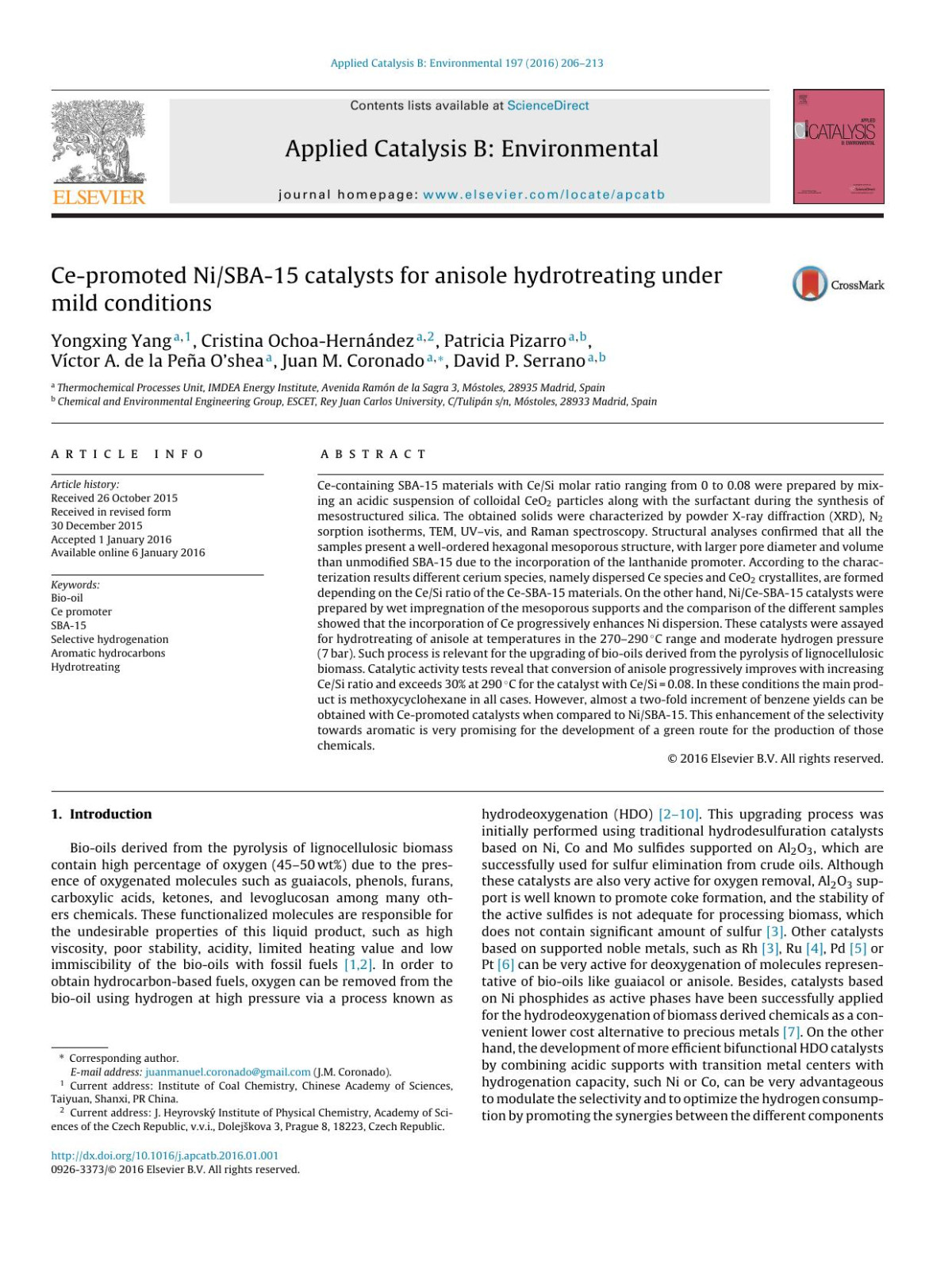 Cepromoted Nisba15 Catalysts For Anisole Hydrotreating Under Mild Conditions Yongxing Yang Cristina Ochoahernndez Patricia Pizarro Vctor A De La Pea Oshea Juan M Coronado David P Serrano