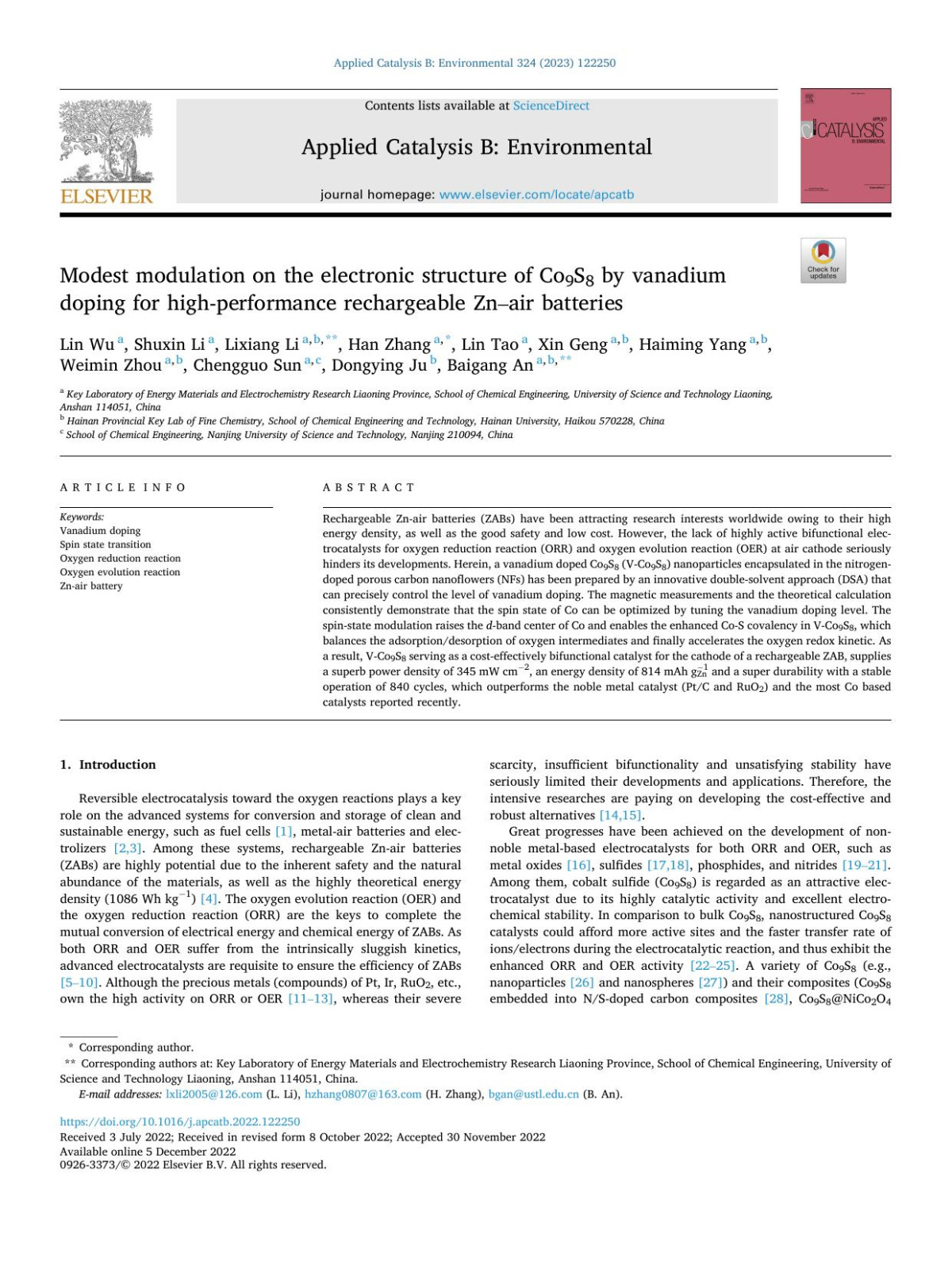 Modest Modulation On The Electronic Structure Of Co9s8 By Vanadium Doping For Highperformance Rechargeable Znair Batteries Lin Wu