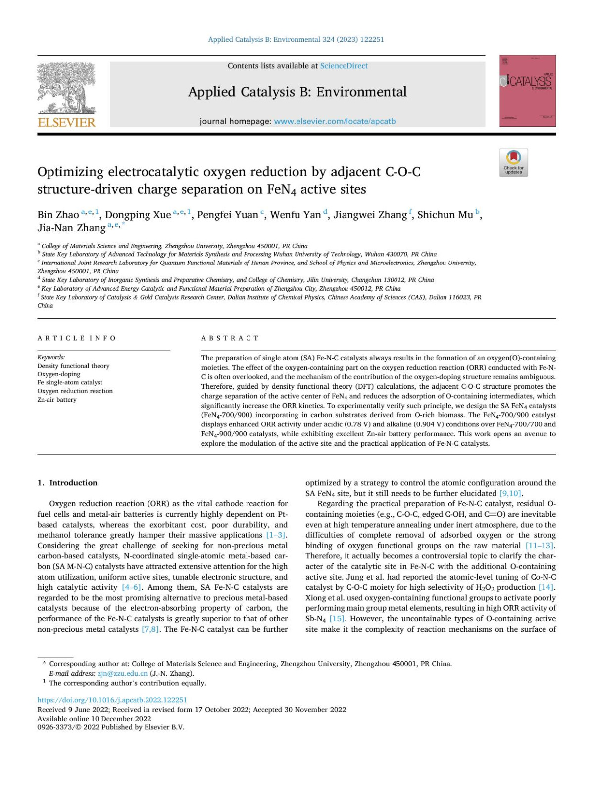 Optimizing Electrocatalytic Oxygen Reduction By Adjacent Coc Structuredriven Charge Separation On Fen4 Active Sites Bin Zhao