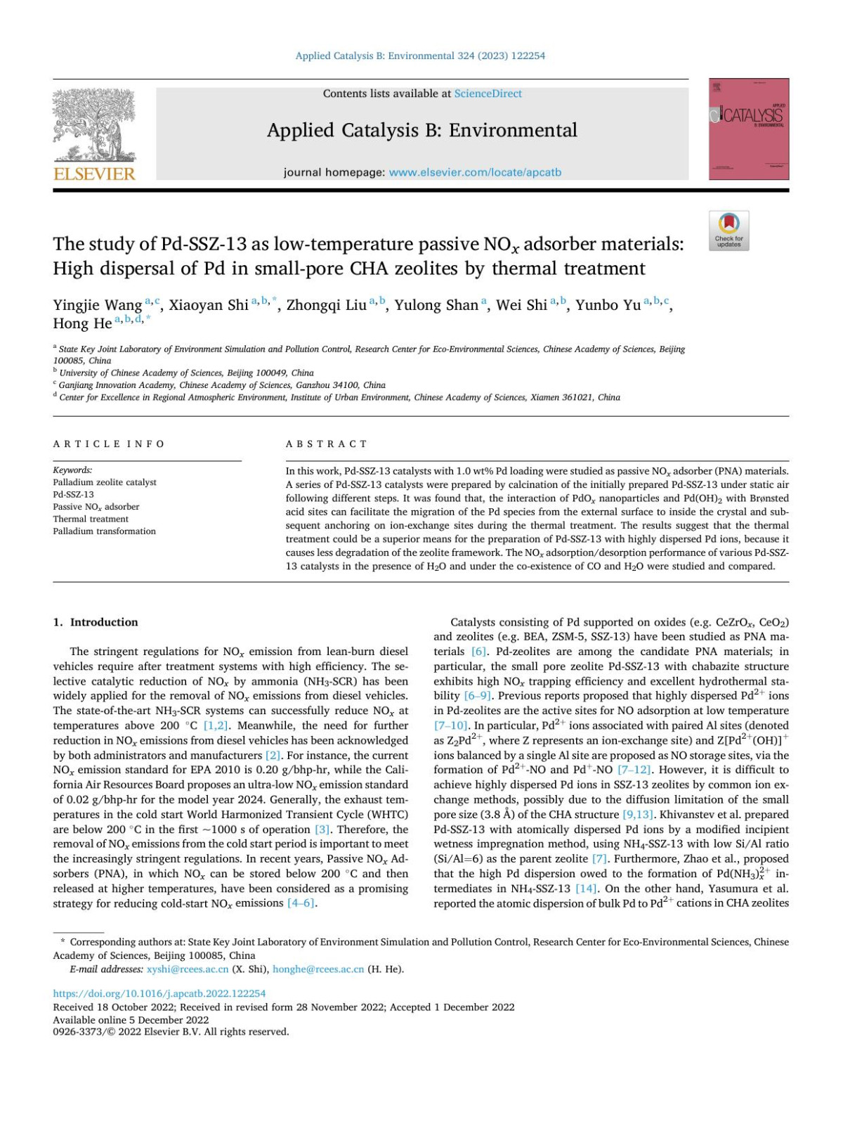 The Study Of Pdssz13 As Lowtemperature Passive No X Adsorber Materials High Dispersal Of Pd In Smallpore Cha Zeolites By Thermal Treatment Yingjie Wang