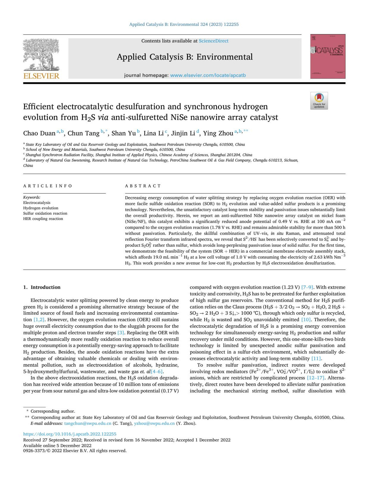 Efficient Electrocatalytic Desulfuration And Synchronous Hydrogen Evolution From H2s Via Antisulfuretted Nise Nanowire Array Catalyst Chao Duan