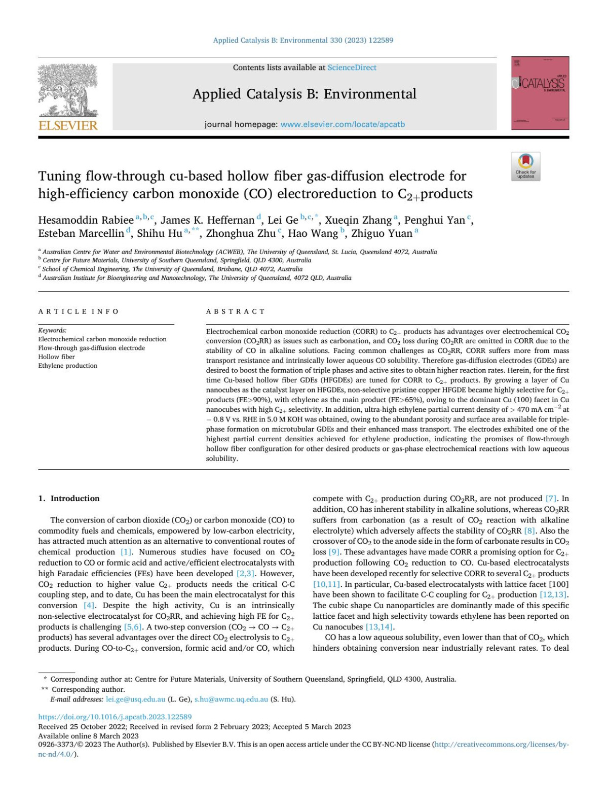 Tuning Flowthrough Cubased Hollow Fiber Gasdiffusion Electrode For Highefficiency Carbon Monoxide Co Electroreduction To C2products Hesamoddin Rabiee
