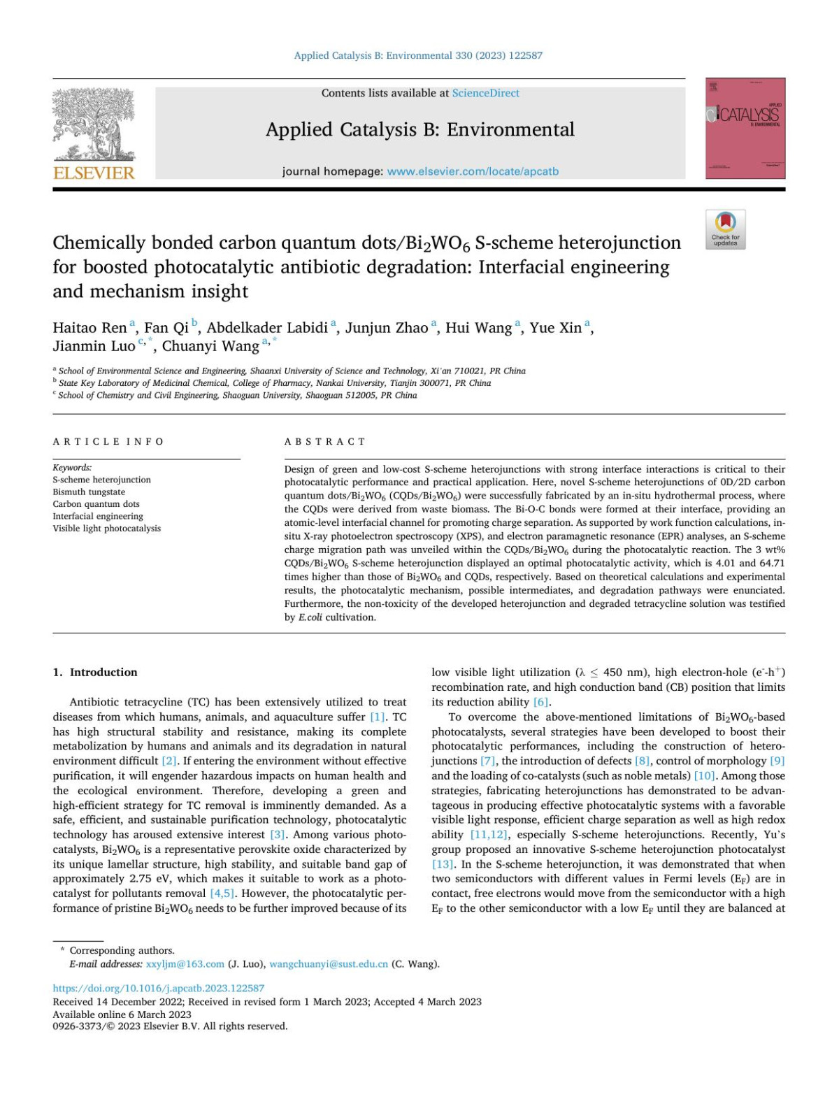 Chemically Bonded Carbon Quantum Dotsbi2wo6 Sscheme Heterojunction For Boosted Photocatalytic Antibiotic Degradation Interfacial Engineering And Mechanism Insight Haitao Ren