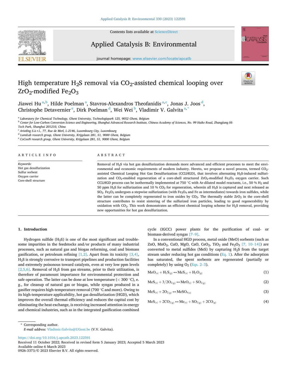 High Temperature H2s Removal Via Co2assisted Chemical Looping Over Zro2modified Fe2o3 Jiawei Hu
