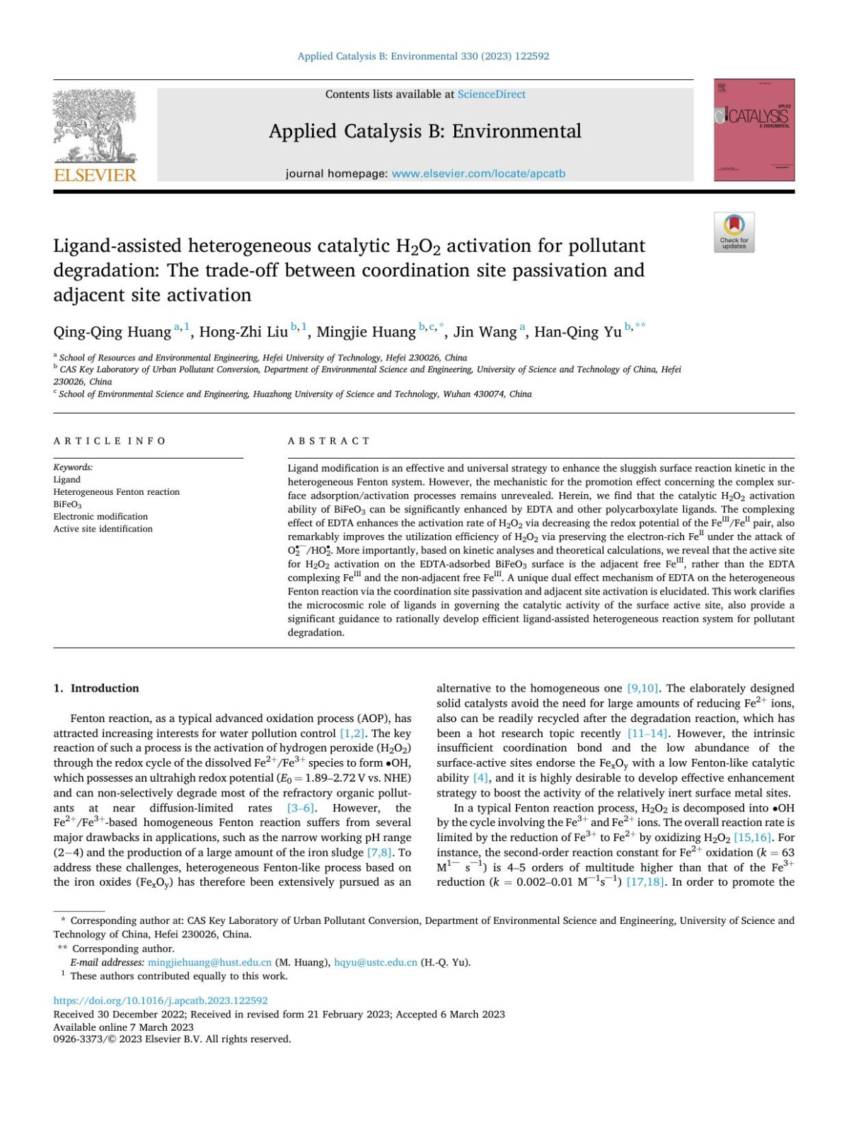 Ligandassisted Heterogeneous Catalytic H2o2 Activation For Pollutant Degradation The Tradeoff Between Coordination Site Passivation And Adjacent Site Activation Qingqing Huang