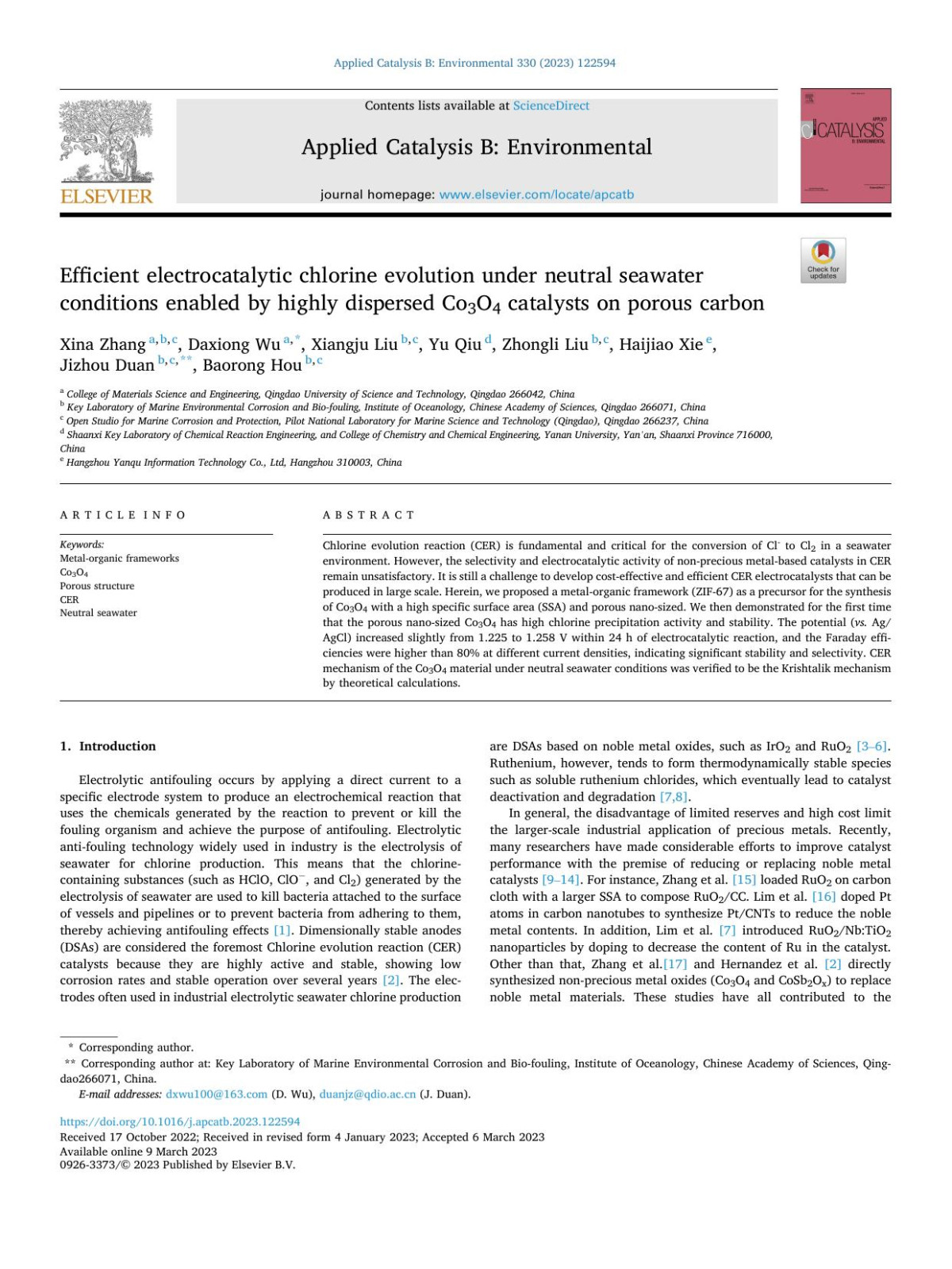 Efficient Electrocatalytic Chlorine Evolution Under Neutral Seawater Conditions Enabled By Highly Dispersed Co3o4 Catalysts On Porous Carbon Xina Zhang