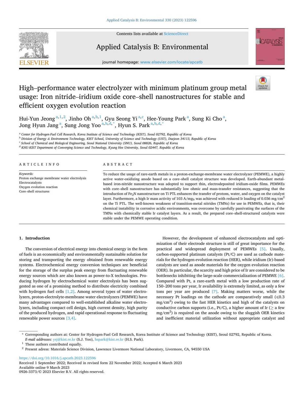 Highperformance Water Electrolyzer With Minimum Platinum Group Metal Usage Iron Nitrideiridium Oxide Coreshell Nanostructures For Stable And Efficient Oxygen Evolution Reaction Huiyun Jeong