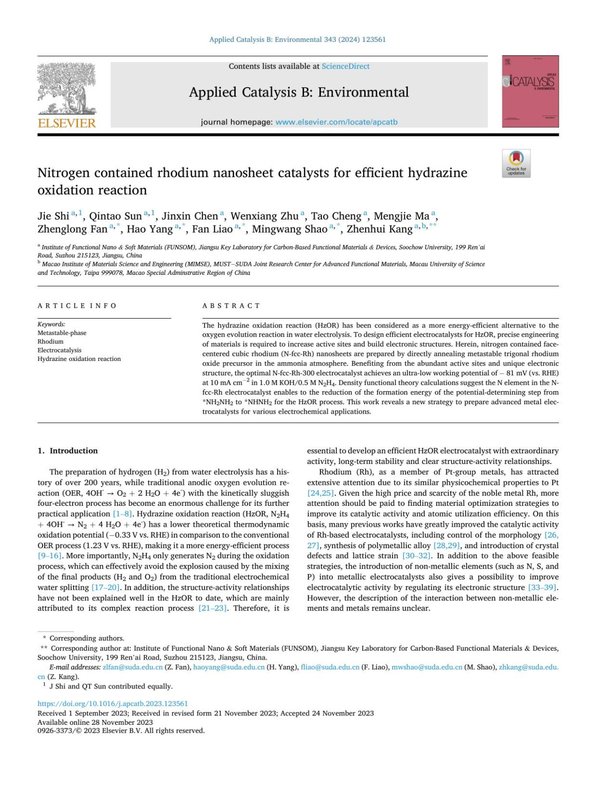 Nitrogen Contained Rhodium Nanosheet Catalysts For Efficient Hydrazine Oxidation Reaction Jie Shi