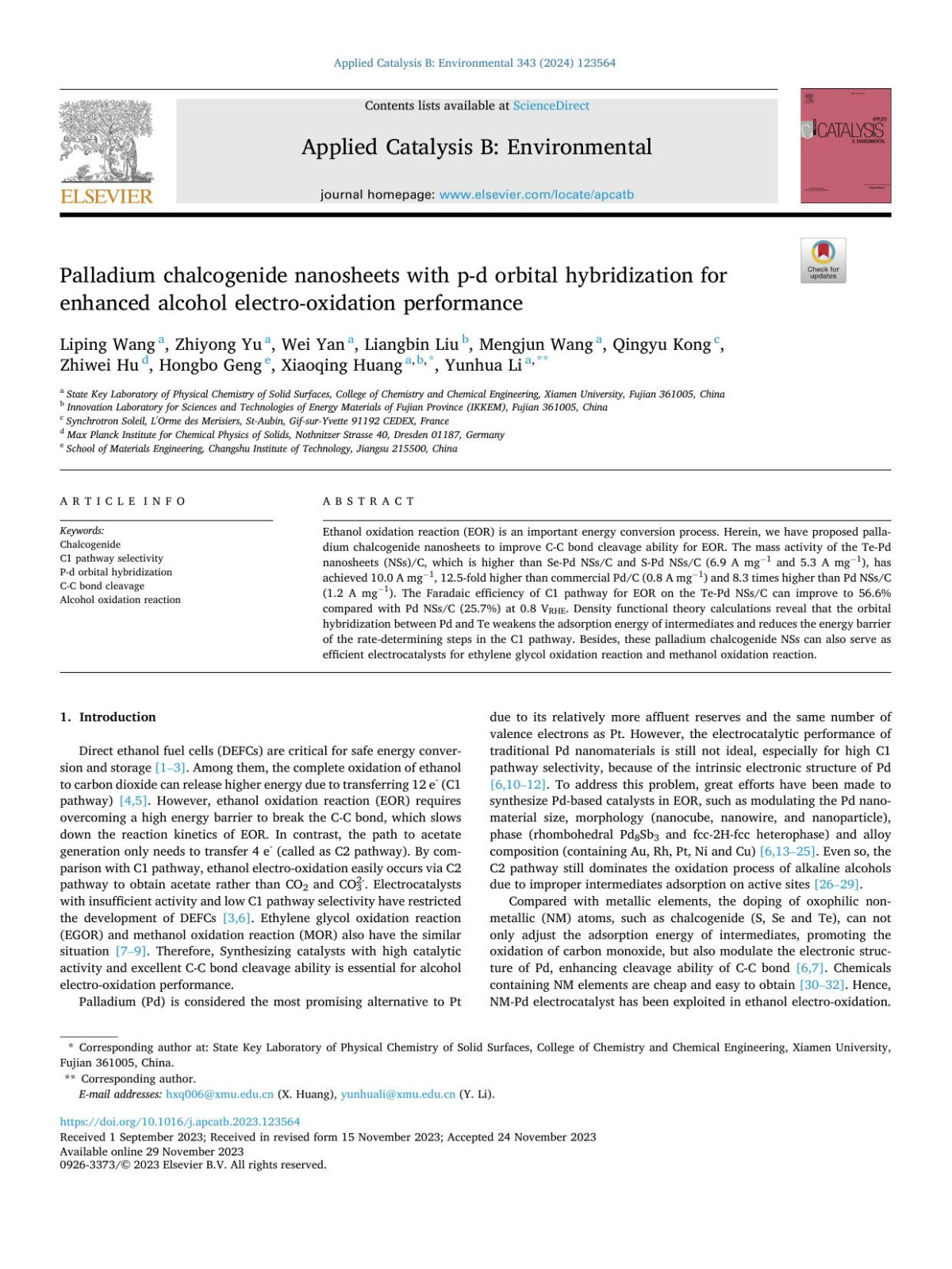 Palladium Chalcogenide Nanosheets With Pd Orbital Hybridization For Enhanced Alcohol Electrooxidation Performance Liping Wang