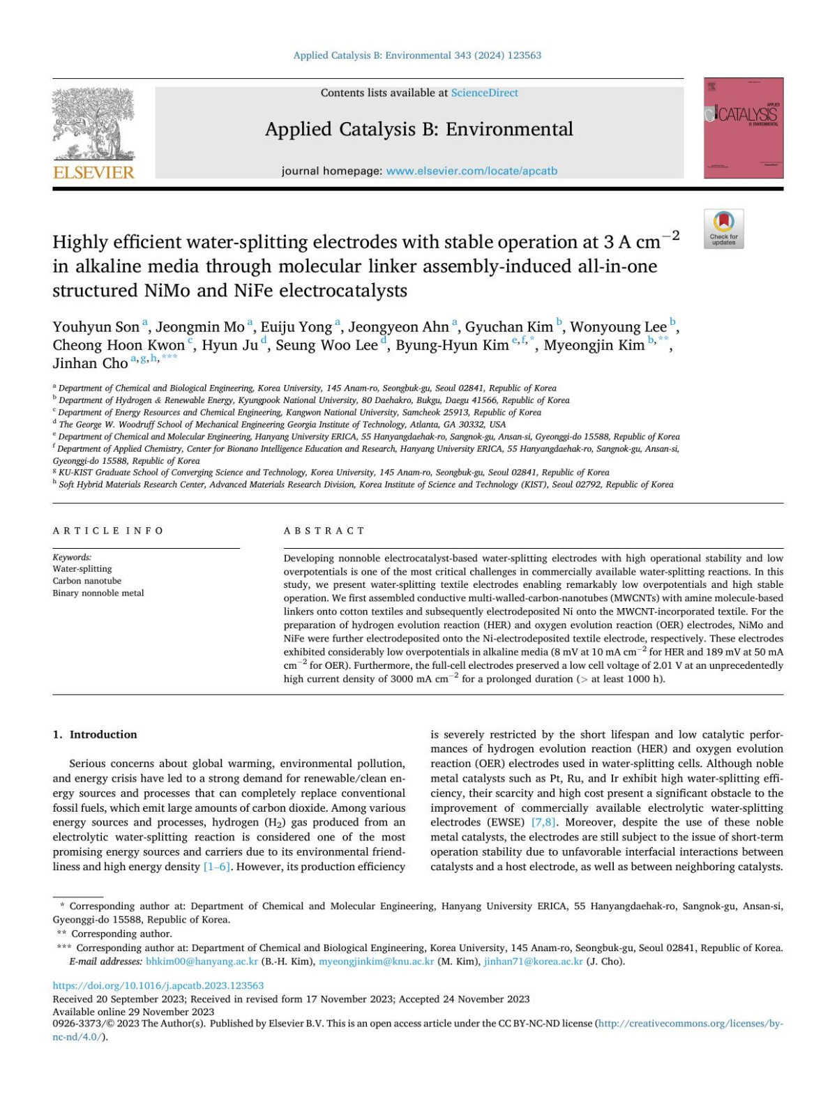 Highly Efficient Watersplitting Electrodes With Stable Operation At 3 A Cmx88x922 In Alkaline Media Through Molecular Linker Assemblyinduced Allinone Structured Nimo And Nife Electrocatalysts Youhyun Son