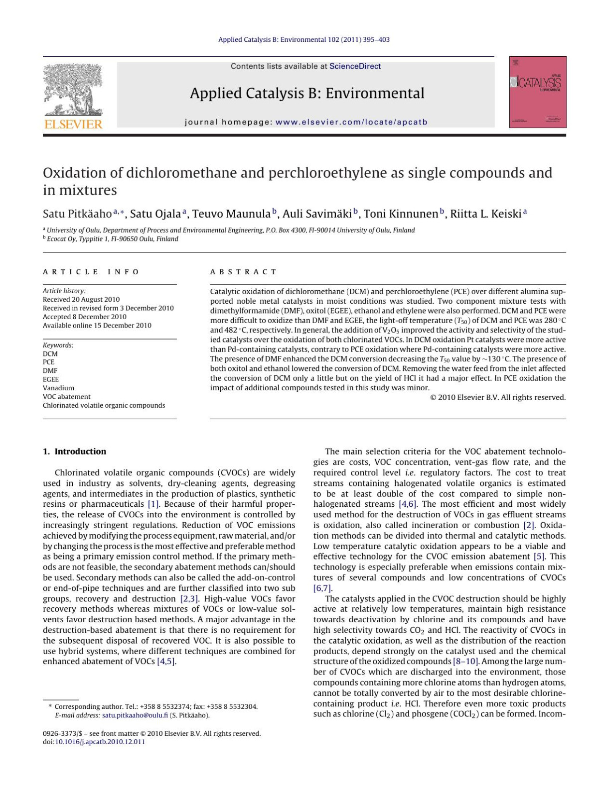 Oxidation Of Dichloromethane And Perchloroethylene As Single Compounds And In Mixtures Satu Pitkaho
