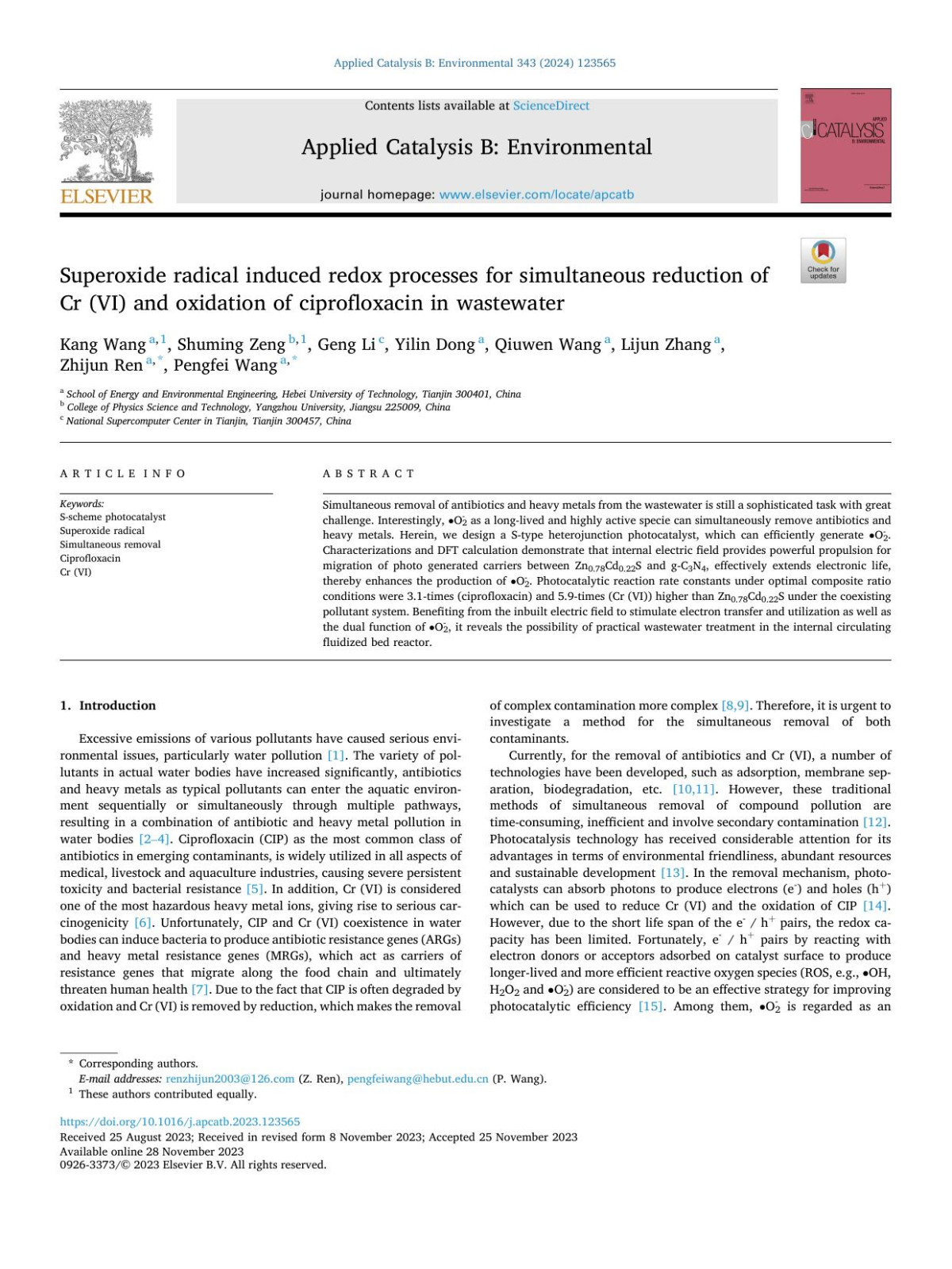 Superoxide Radical Induced Redox Processes For Simultaneous Reduction Of Cr Vi And Oxidation Of Ciprofloxacin In Wastewater Kang Wang