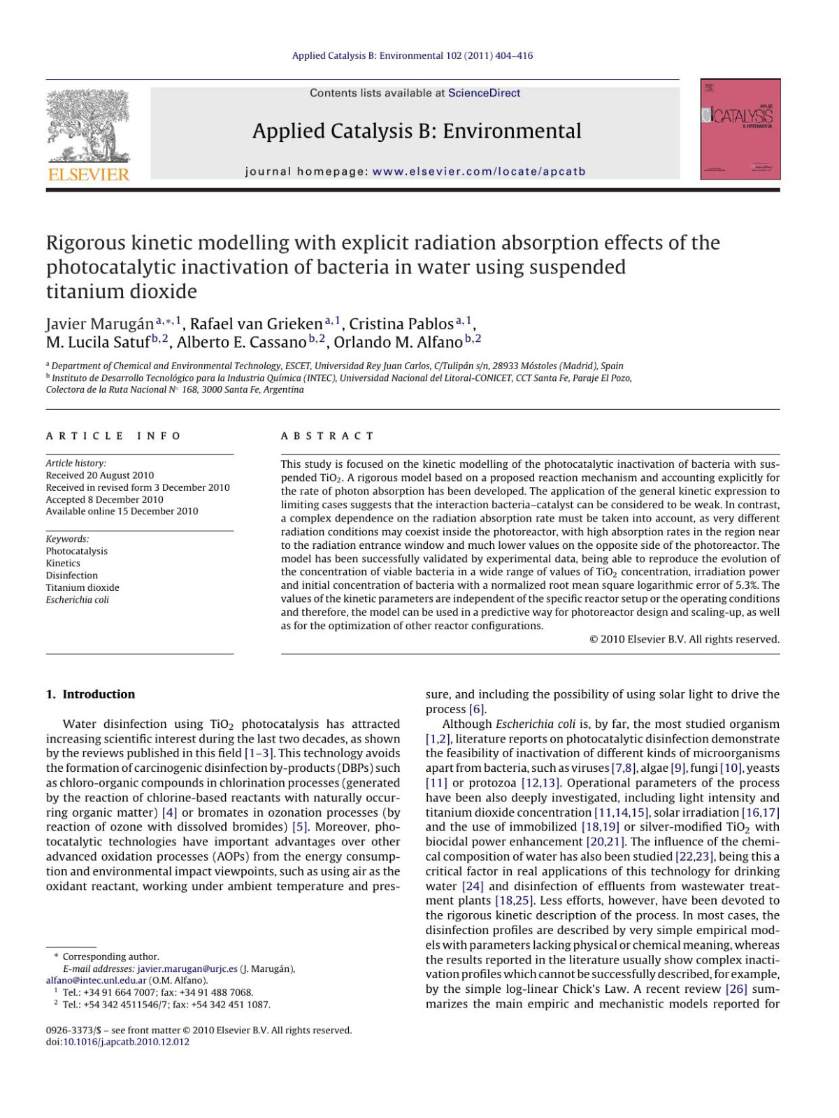 Rigorous Kinetic Modelling With Explicit Radiation Absorption Effects Of The Photocatalytic Inactivation Of Bacteria In Water Using Suspended Titanium Dioxide Javier Marugn