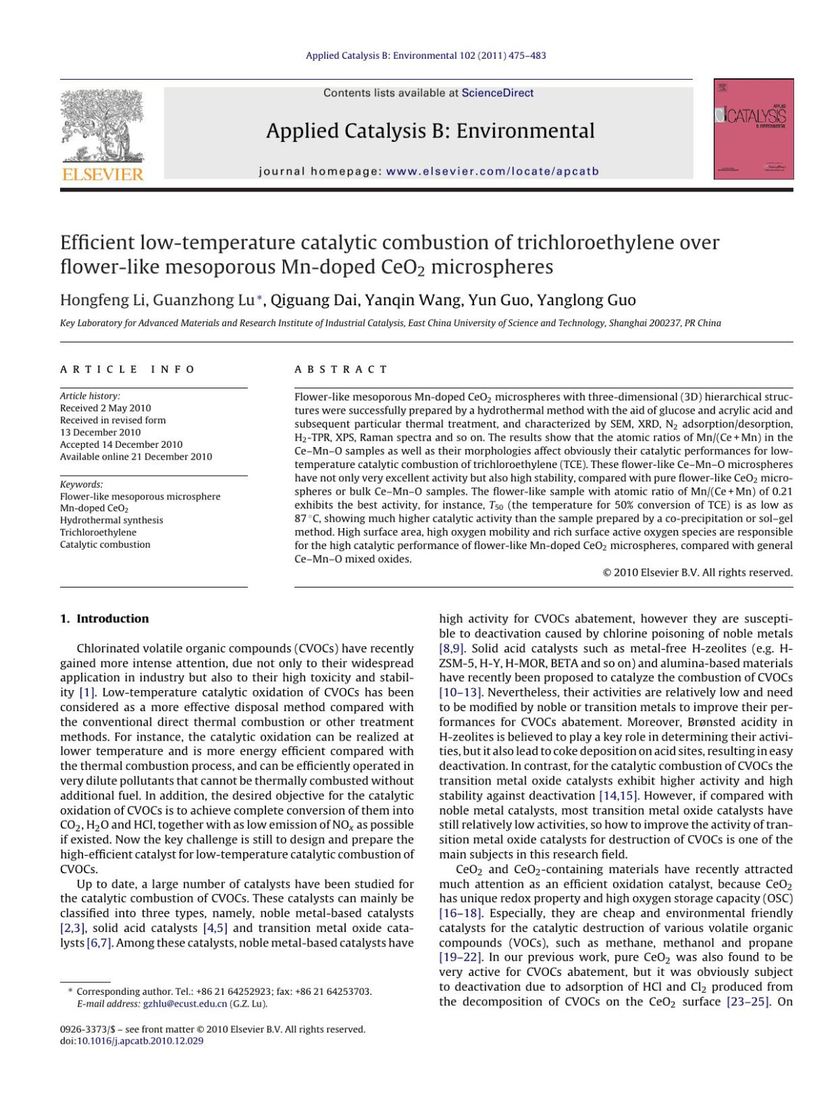 Efficient Lowtemperature Catalytic Combustion Of Trichloroethylene Over Flowerlike Mesoporous Mndoped Ceo2 Microspheres Hongfeng Li