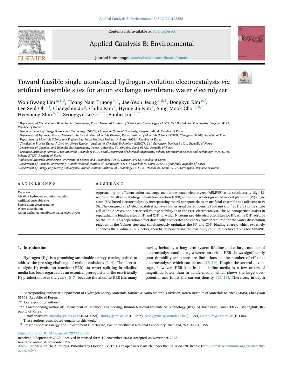Toward Feasible Single Atombased Hydrogen Evolution Electrocatalysts Via Artificial Ensemble Sites For Anion Exchange Membrane Water Electrolyzer Wongwang Lim