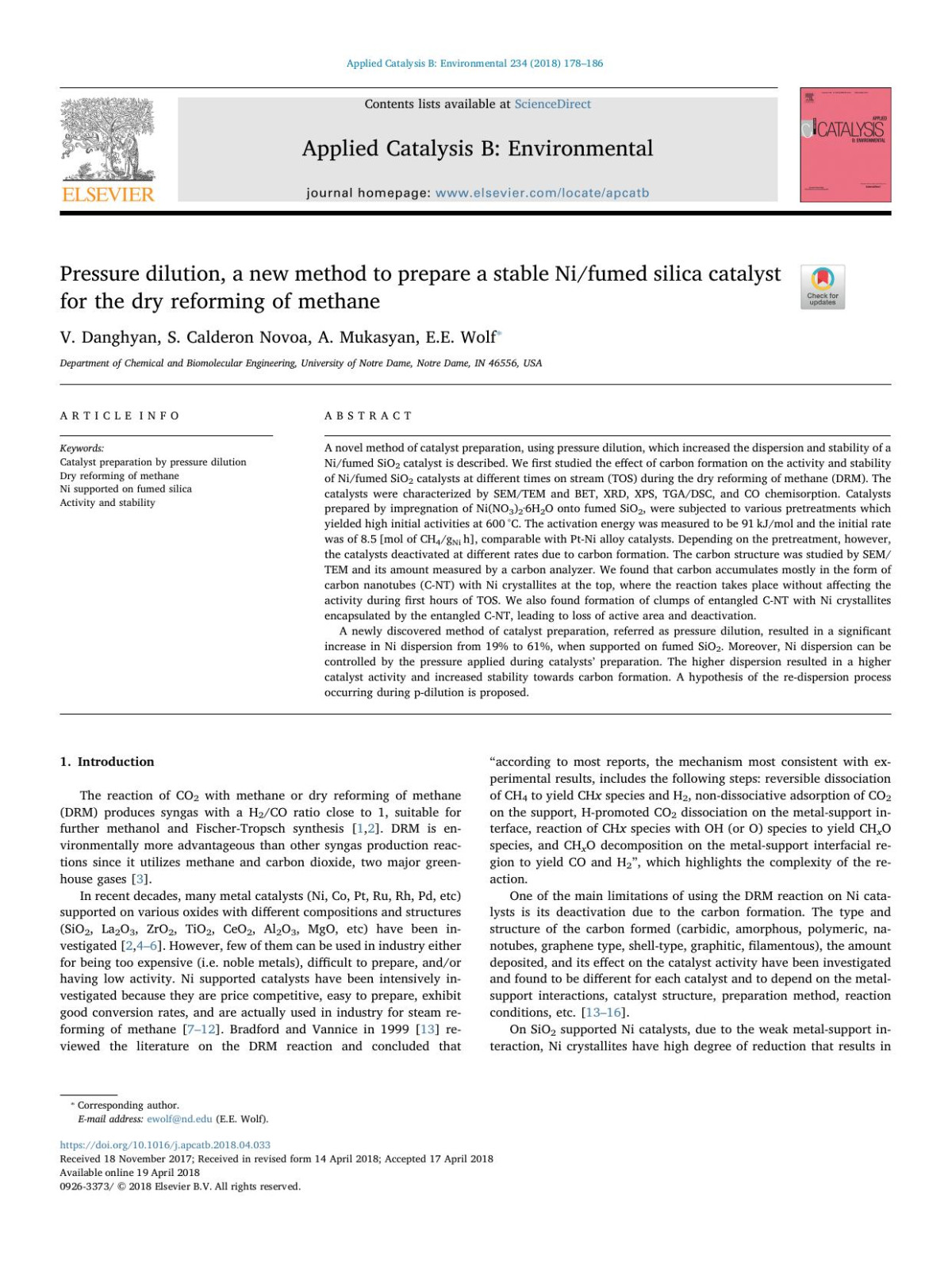 Pressure Dilution A New Method To Prepare A Stable Nifumed Silica Catalyst For The Dry Reforming Of Methane V Danghyan S Calderon Novoa A Mukasyan Ee Wolf