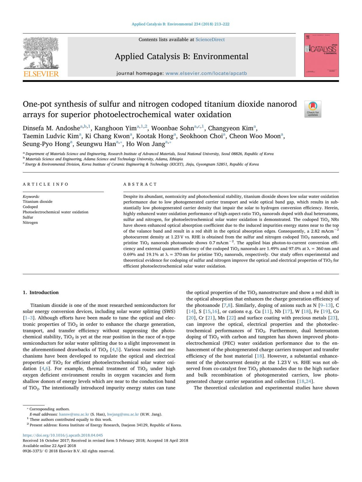 Onepot Synthesis Of Sulfur And Nitrogen Codoped Titanium Dioxide Nanorod Arrays For Superior Photoelectrochemical Water Oxidation Dinsefa M Andoshe Kanghoon Yim Woonbae Sohn Changyeon Kim Taemin Ludvic Kim Ki Chang Kwon Kootak Hong Seokhoon Choi Cheon Woo Moon Seungpyo Hong Seungwu Han Ho Won Jang