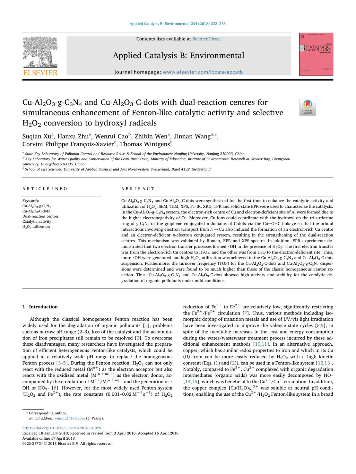Cual2o3gc3n4 And Cual2o3cdots With Dualreaction Centres For Simultaneous Enhancement Of Fentonlike Catalytic Activity And Selective H2o2 Conversion To Hydroxyl Radicals Suqian Xu Hanxu Zhu Wenrui Cao Zhibin Wen Jinnan Wang Corvini Philippe Franoisxavier Thomas Wintgens