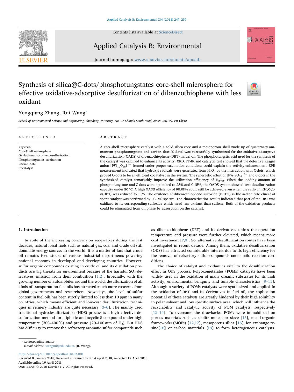 Synthesis Of Silicacdotsphosphotungstates Coreshell Microsphere For Effective Oxidativeadsorptive Desulfurization Of Dibenzothiophene With Less Oxidant Yongqiang Zhang Rui Wang
