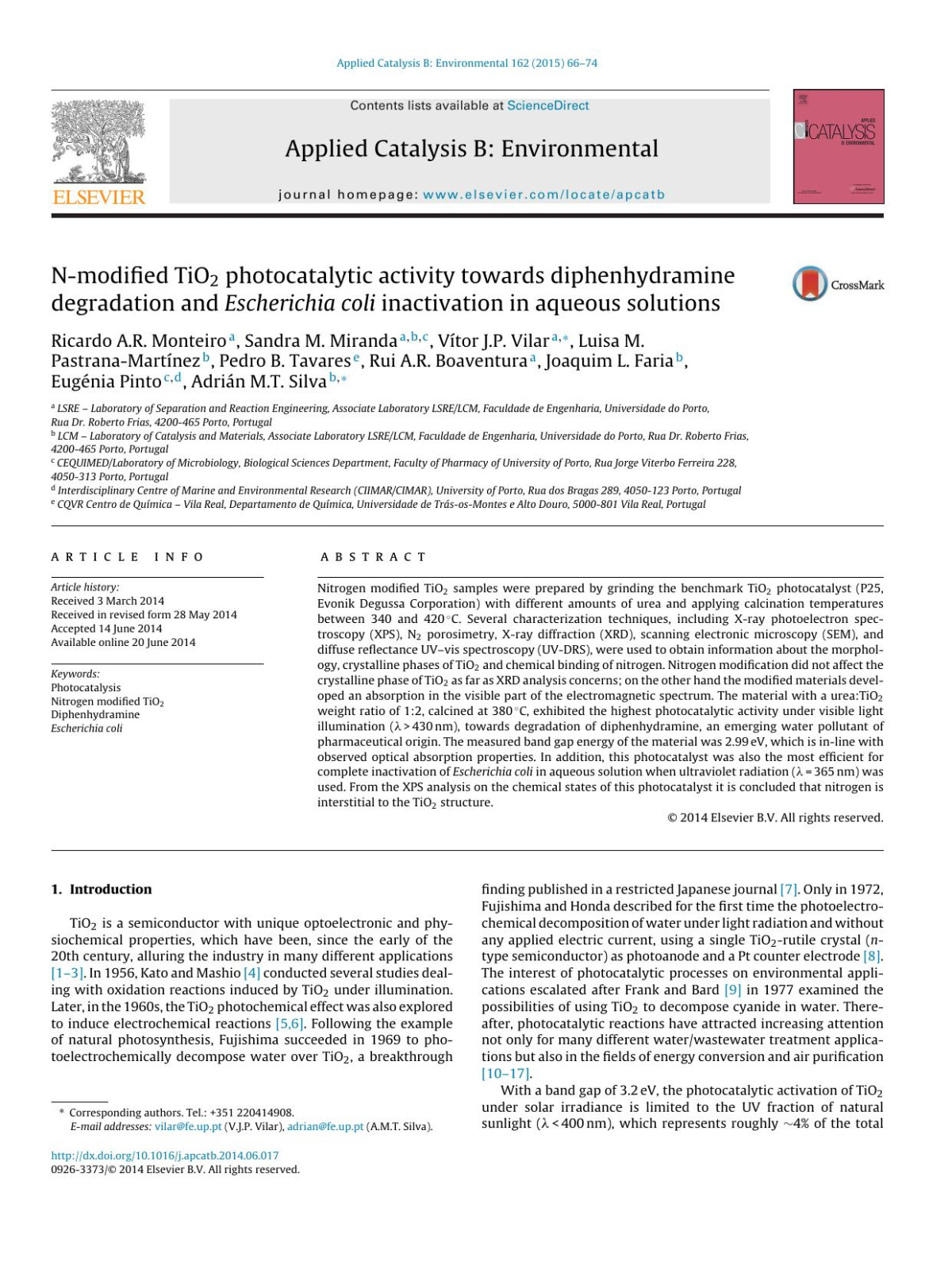 Nmodified Tio2 Photocatalytic Activity Towards Diphenhydramine Degradation And Escherichia Coli Inactivation In Aqueous Solutions Ricardo Ar Monteiro Sandra M Miranda Vtor Jp Vilar Luisa M Pastranamartnez Pedro B Tavares Rui Ar Boaventura Joaquim L Faria Eugnia Pinto Adrin Mt Silva