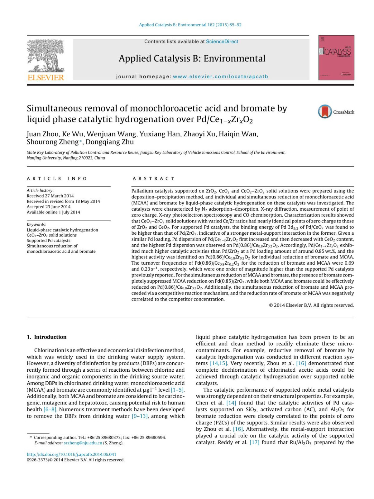 Simultaneous Removal Of Monochloroacetic Acid And Bromate By Liquid Phase Catalytic Hydrogenation Over Pdce1xzrxo2 Juan Zhou Ke Wu Wenjuan Wang Yuxiang Han Zhaoyi Xu Haiqin Wan Shourong Zheng Dongqiang Zhu