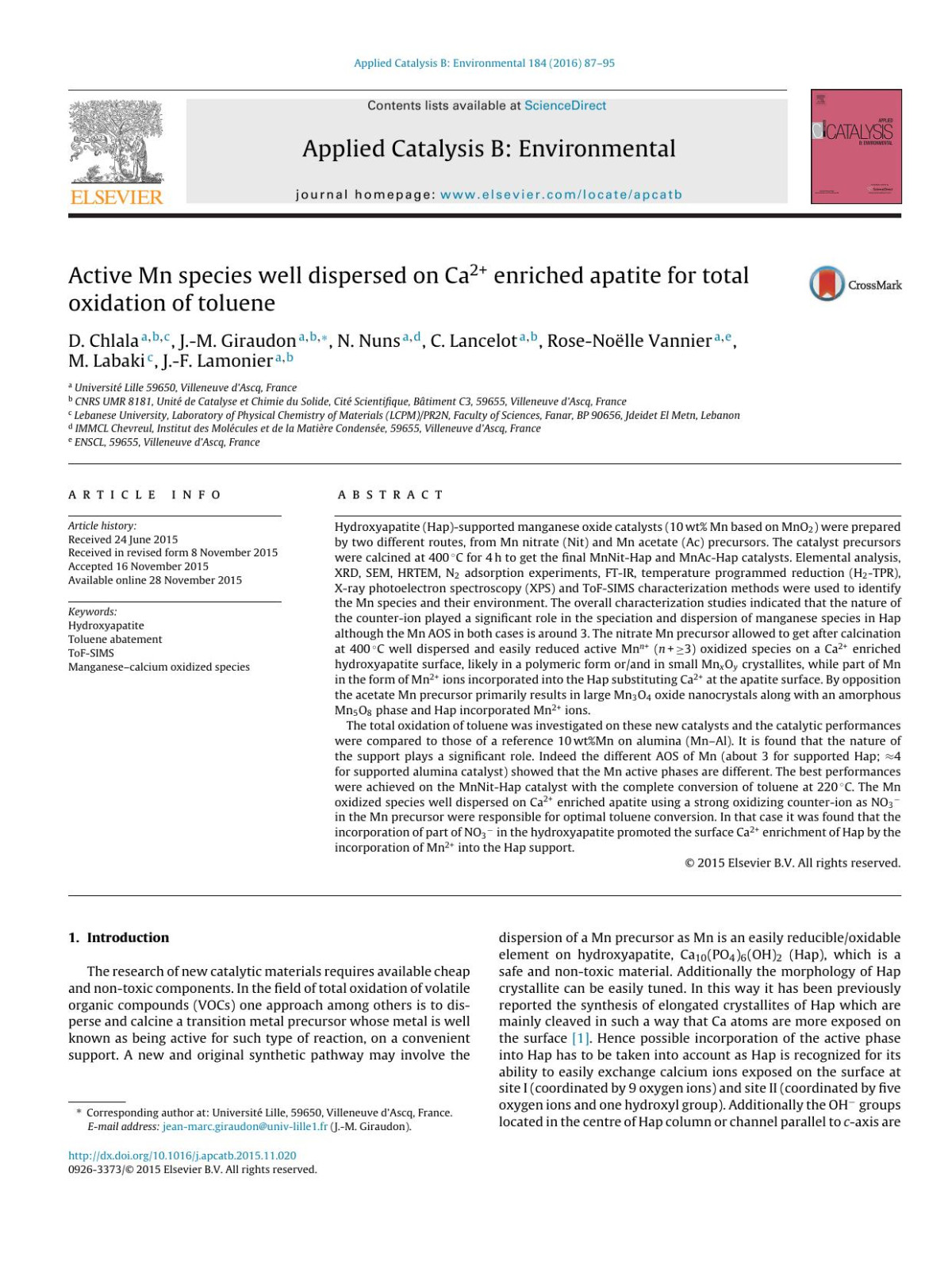 Active Mn Species Well Dispersed On Ca2 Enriched Apatite For Total Oxidation Of Toluene D Chlala Jm Giraudon N Nuns C Lancelot Rosenolle Vannier M Labaki Jf Lamonier