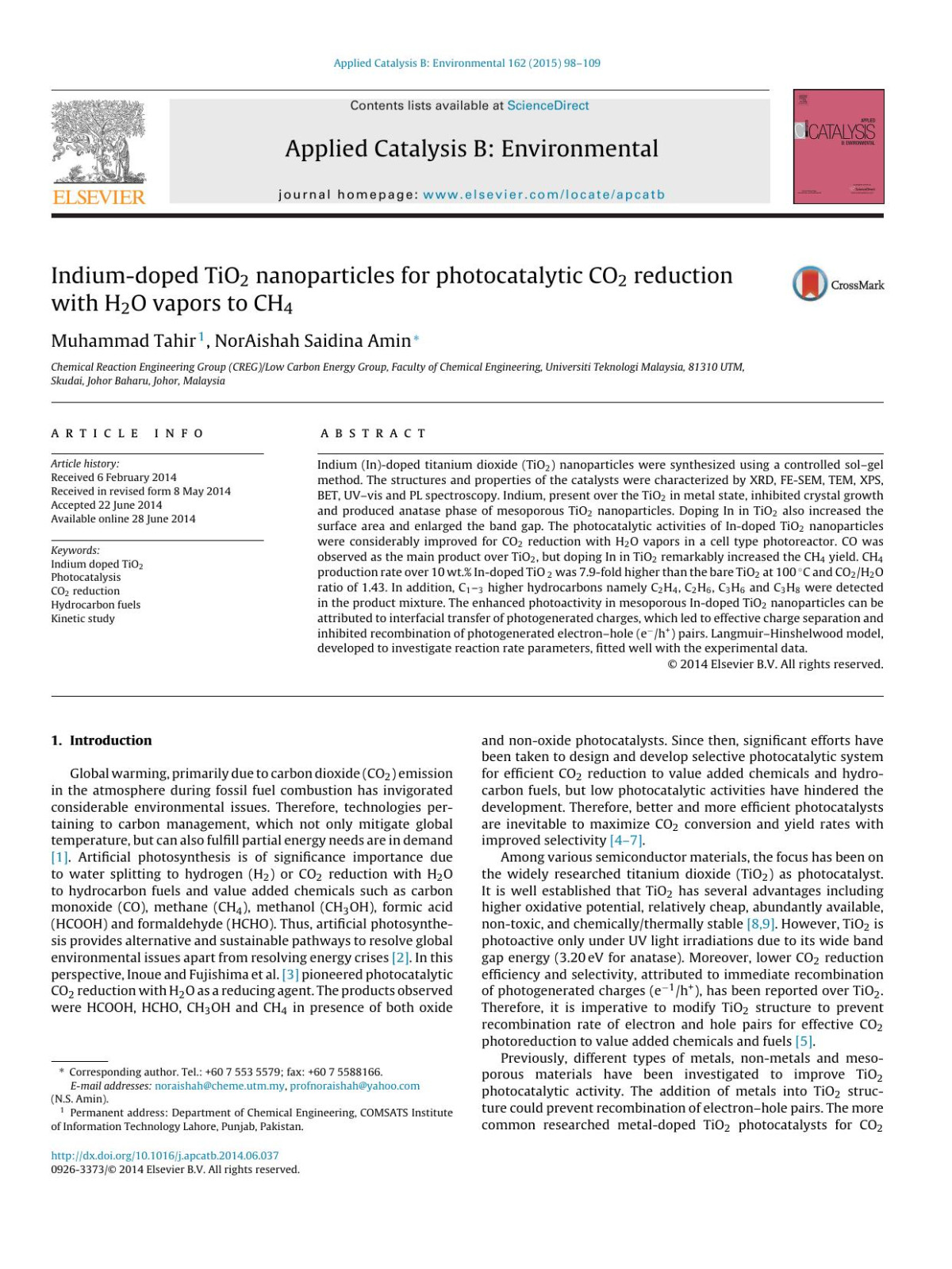 Indiumdoped Tio2 Nanoparticles For Photocatalytic Co2 Reduction With H2o Vapors To Ch4 Muhammad Tahir Noraishah Saidina Amin