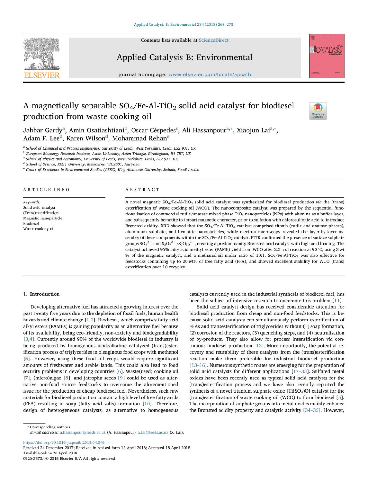 A Magnetically Separable So4fealtio2 Solid Acid Catalyst For Biodiesel Production From Waste Cooking Oil Jabbar Gardy Amin Osatiashtiani Oscar Cspedes Ali Hassanpour Xiaojun Lai Adam F Lee Karen Wilson Mohammad Rehan