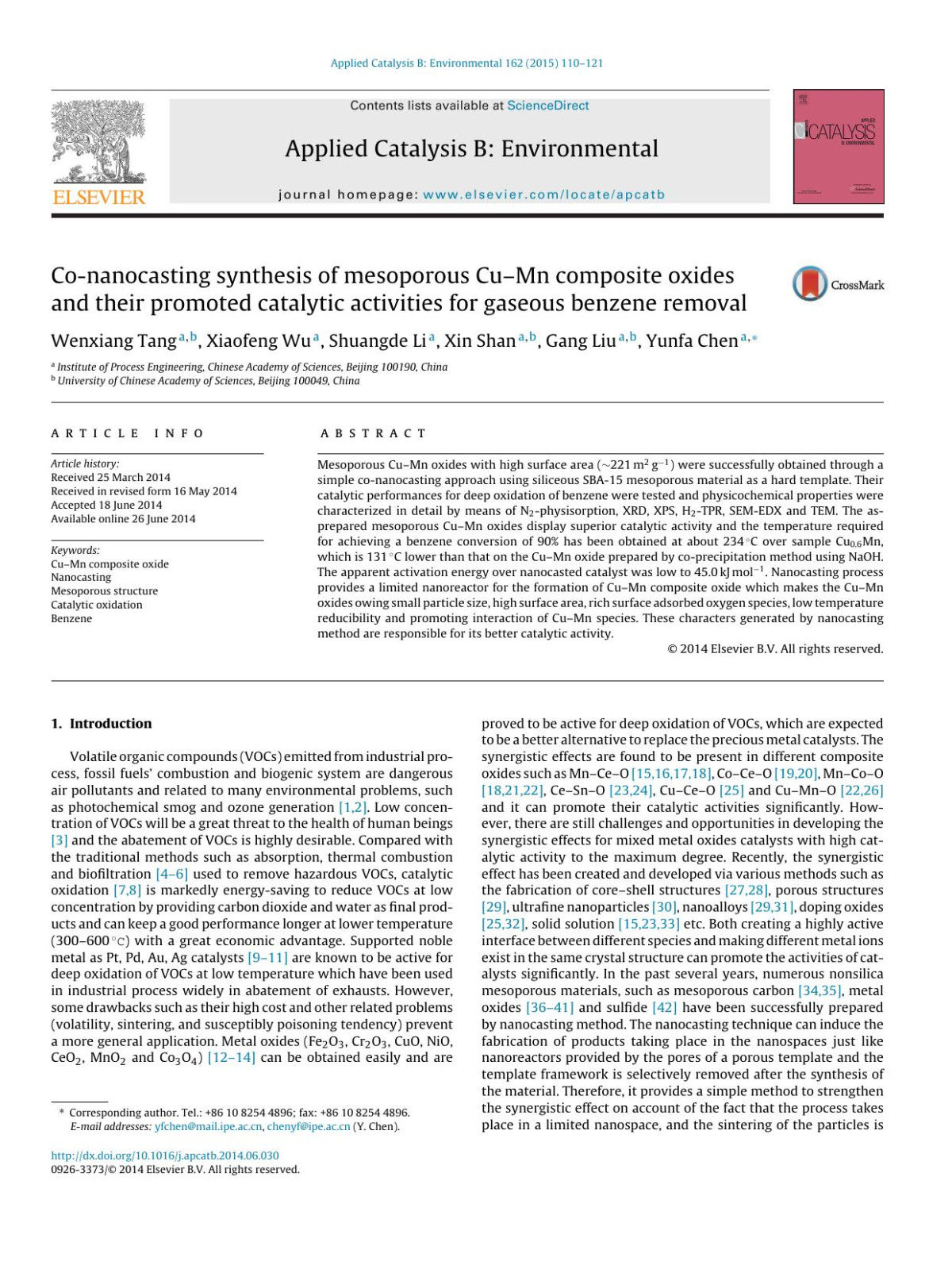 Conanocasting Synthesis Of Mesoporous Cumn Composite Oxides And Their Promoted Catalytic Activities For Gaseous Benzene Removal Wenxiang Tang Xiaofeng Wu Shuangde Li Xin Shan Gang Liu Yunfa Chen