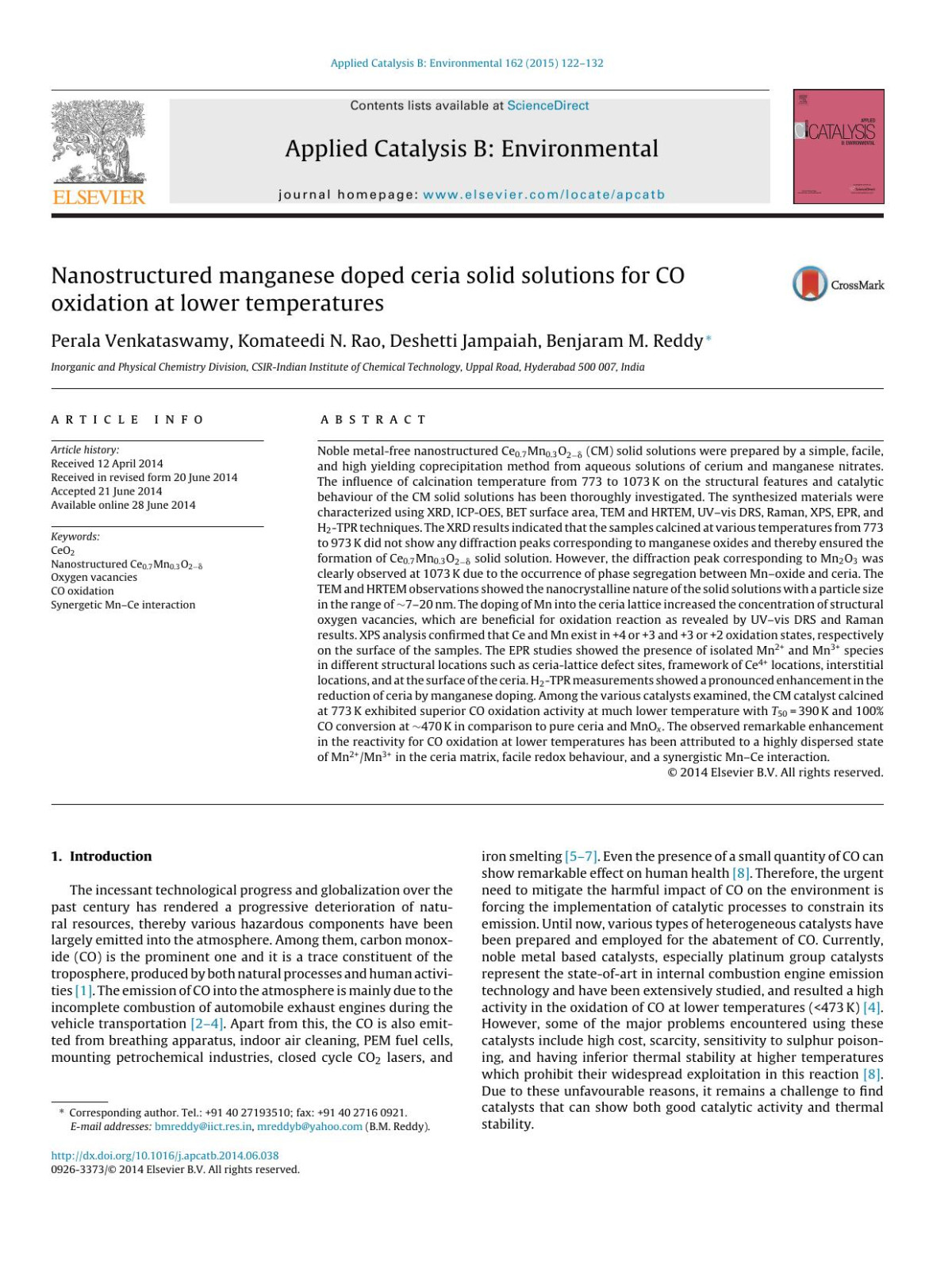 Nanostructured Manganese Doped Ceria Solid Solutions For Co Oxidation At Lower Temperatures Perala Venkataswamy Komateedi N Rao Deshetti Jampaiah Benjaram M Reddy