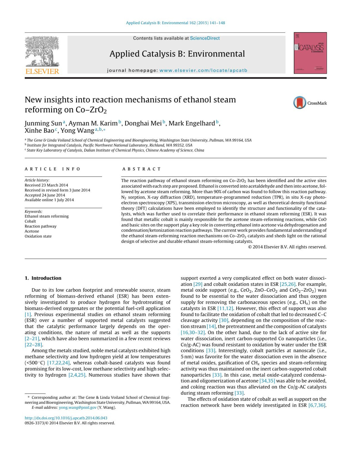 New Insights Into Reaction Mechanisms Of Ethanol Steam Reforming On Cozro2 Junming Sun Ayman M Karim Donghai Mei Mark Engelhard Xinhe Bao Yong Wang