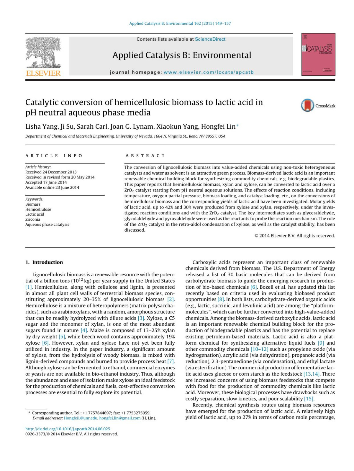 Catalytic Conversion Of Hemicellulosic Biomass To Lactic Acid In Ph Neutral Aqueous Phase Media Lisha Yang Ji Su Sarah Carl Joan G Lynam Xiaokun Yang Hongfei Lin