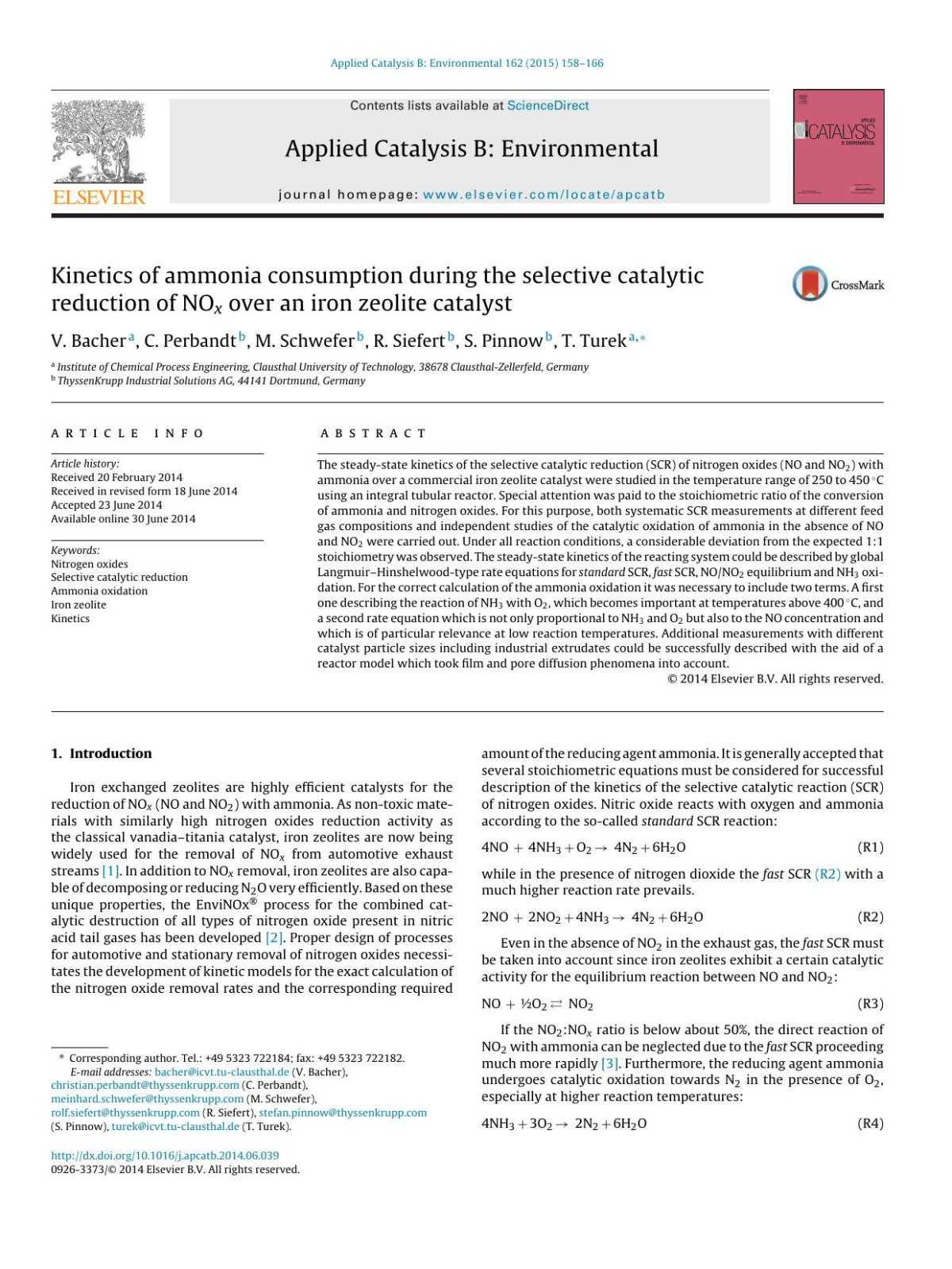 Kinetics Of Ammonia Consumption During The Selective Catalytic Reduction Of Nox Over An Iron Zeolite Catalyst V Bacher C Perbandt M Schwefer R Siefert S Pinnow T Turek