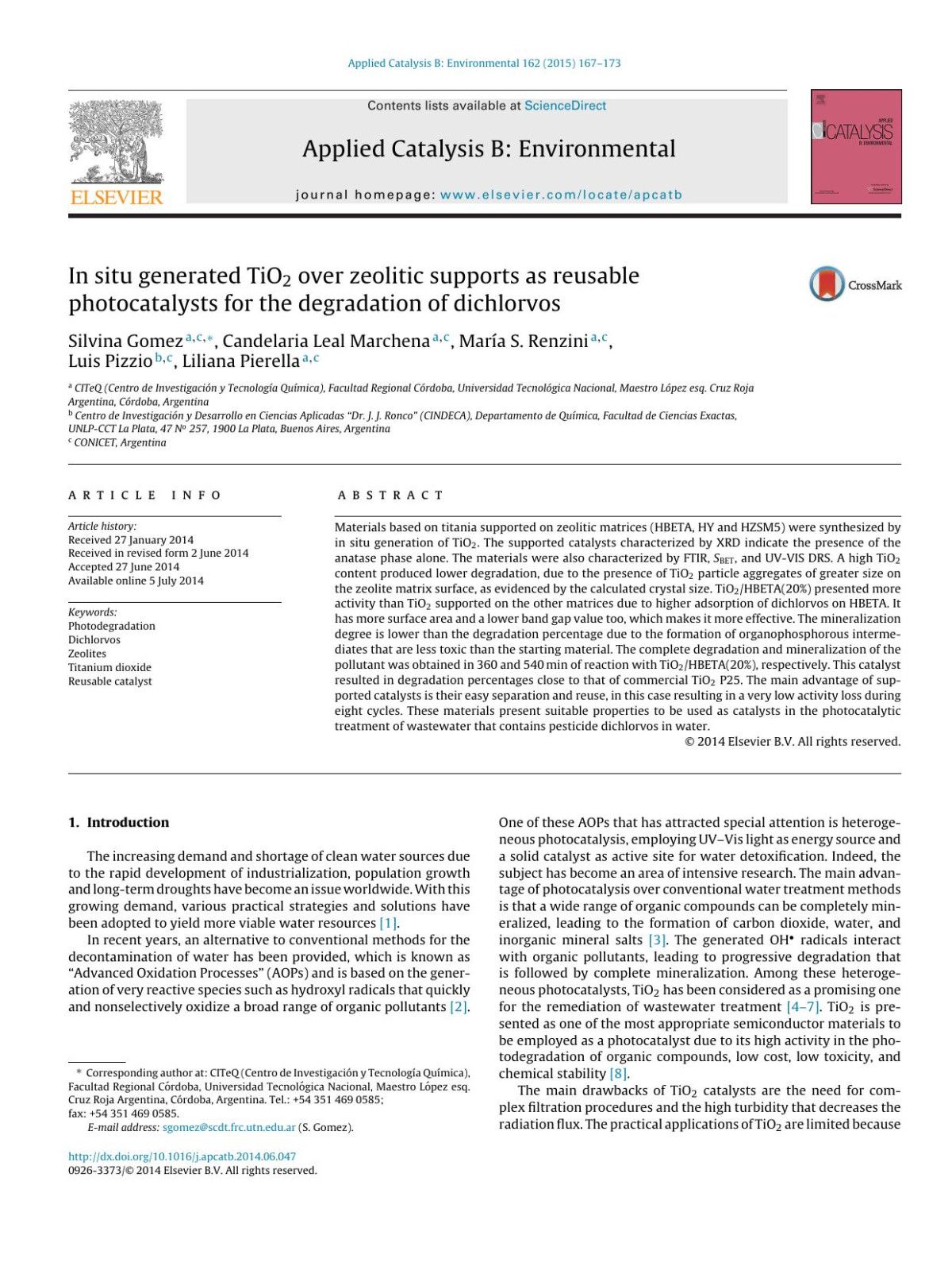 In Situ Generated Tio2 Over Zeolitic Supports As Reusable Photocatalysts For The Degradation Of Dichlorvos Silvina Gomez Candelaria Leal Marchena Mara S Renzini Luis Pizzio Liliana Pierella