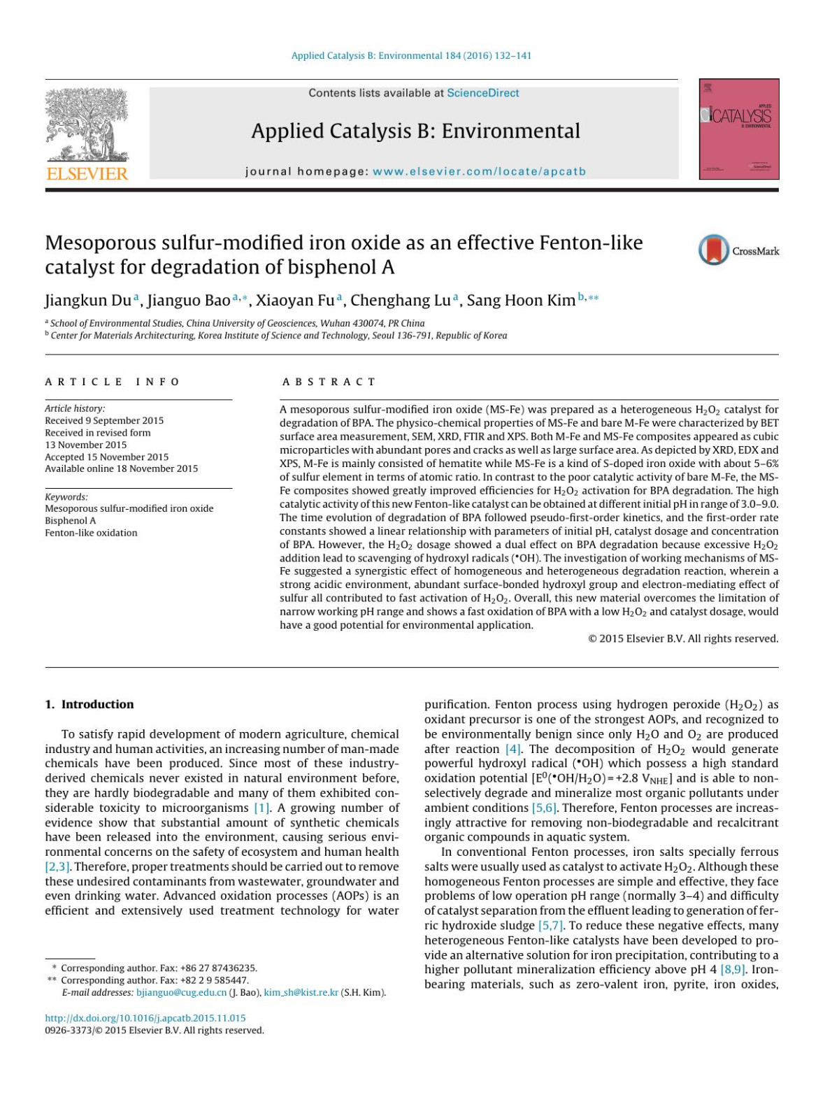 Mesoporous Sulfurmodified Iron Oxide As An Effective Fentonlike Catalyst For Degradation Of Bisphenol A Jiangkun Du Jianguo Bao Xiaoyan Fu Chenghang Lu Sang Hoon Kim