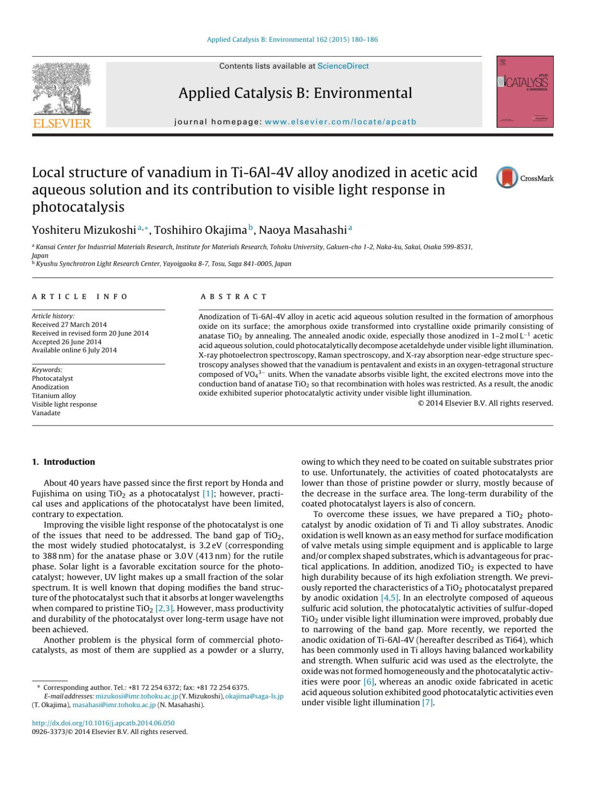 Local Structure Of Vanadium In Ti6al4v Alloy Anodized In Acetic Acid Aqueous Solution And Its Contribution To Visible Light Response In Photocatalysis Yoshiteru Mizukoshi Toshihiro Okajima Naoya Masahashi