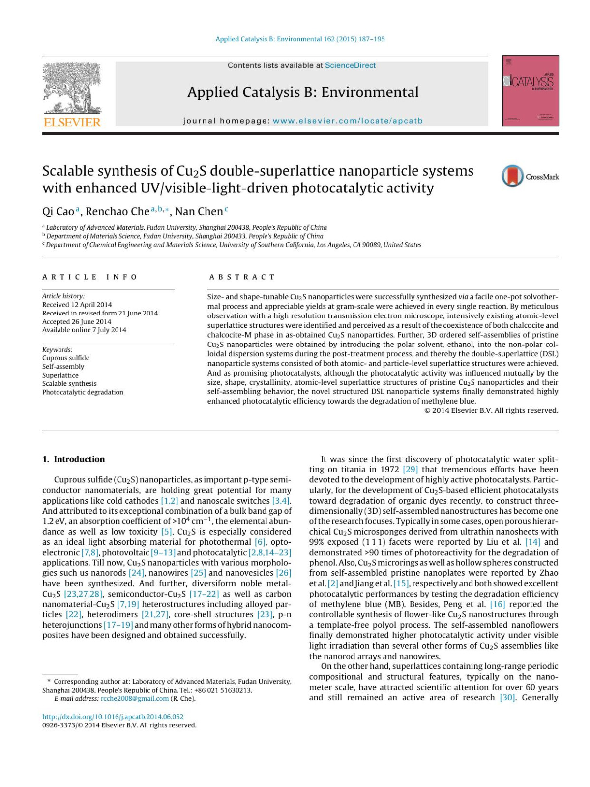 Scalable Synthesis Of Cu2s Doublesuperlattice Nanoparticle Systems With Enhanced Uvvisiblelightdriven Photocatalytic Activity Qi Cao Renchao Che Nan Chen