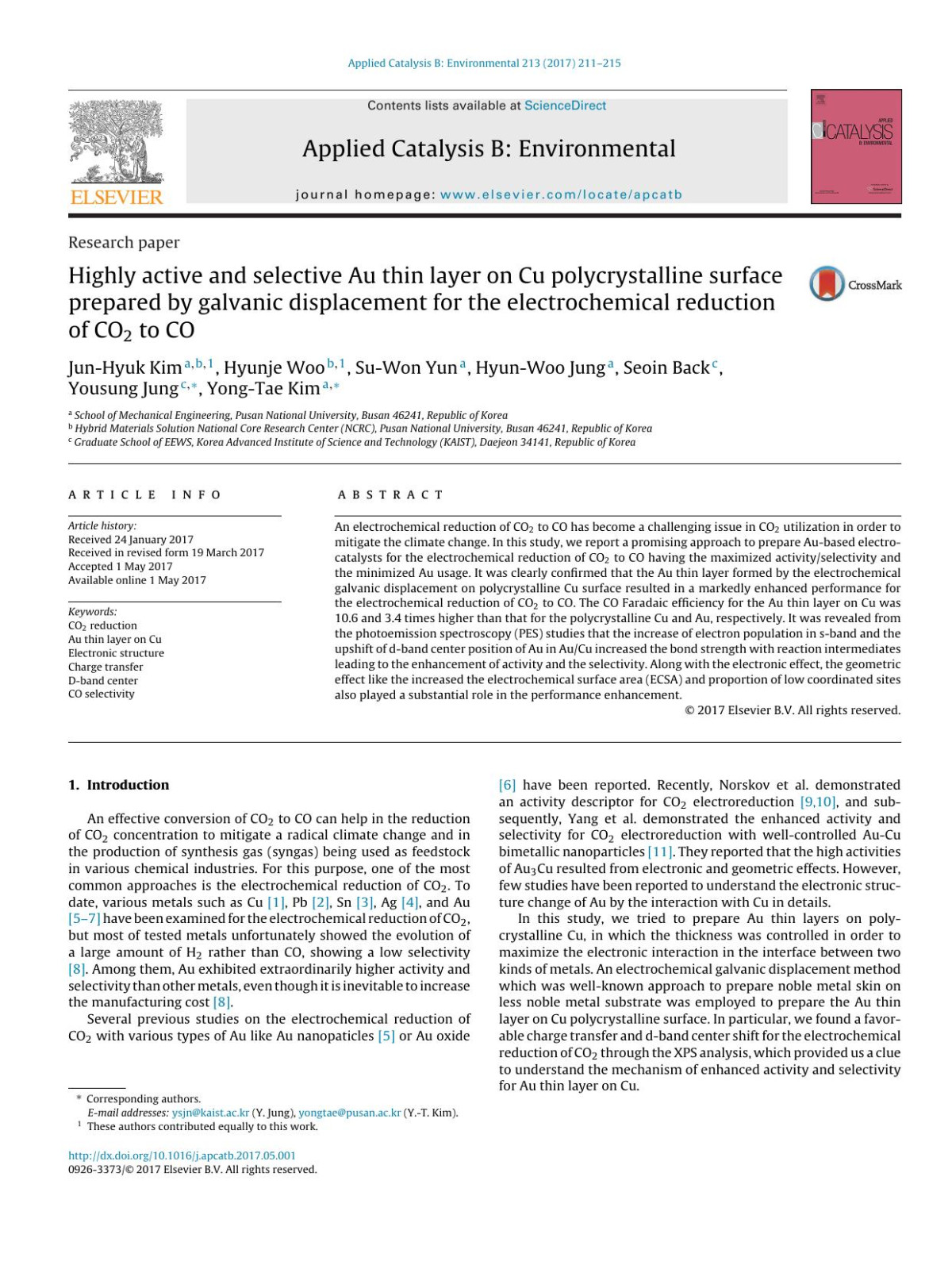 Highly Active And Selective Au Thin Layer On Cu Polycrystalline Surface Prepared By Galvanic Displacement For The Electrochemical Reduction Of Co2 To Co Junhyuk Kim Hyunje Woo Suwon Yun Hyunwoo Jung Seoin Back Yousung Jung Yongtae Kim