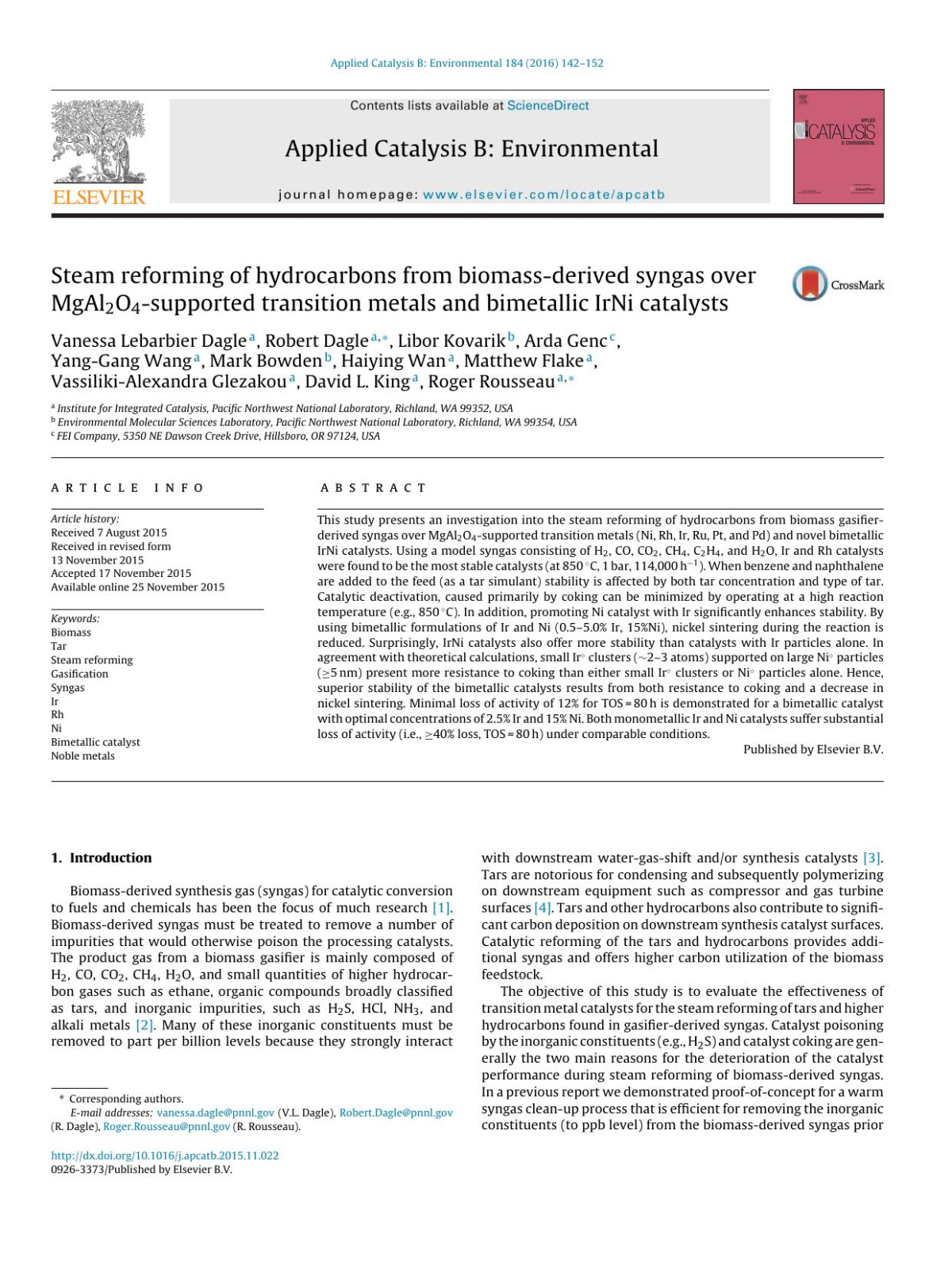 Steam Reforming Of Hydrocarbons From Biomassderived Syngas Over Mgal2o4supported Transition Metals And Bimetallic Irni Catalysts Vanessa Lebarbier Dagle Robert Dagle Libor Kovarik Arda Genc Yanggang Wang Mark Bowden Haiying Wan Matthew Flake Vassilikialexandra Glezakou David L King Roger Rousseau