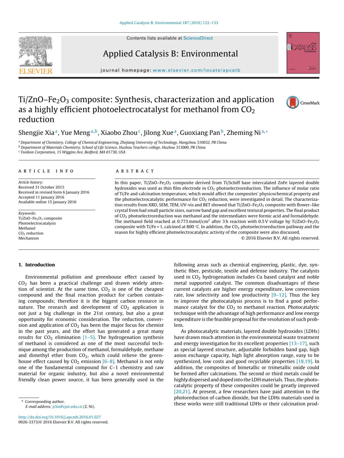 Tiznofe2o3 Composite Synthesis Characterization And Application As A Highly Efficient Photoelectrocatalyst For Methanol From Co2 Reduction Shengjie Xia Yue Meng Xiaobo Zhou Jilong Xue Guoxiang Pan Zheming Ni